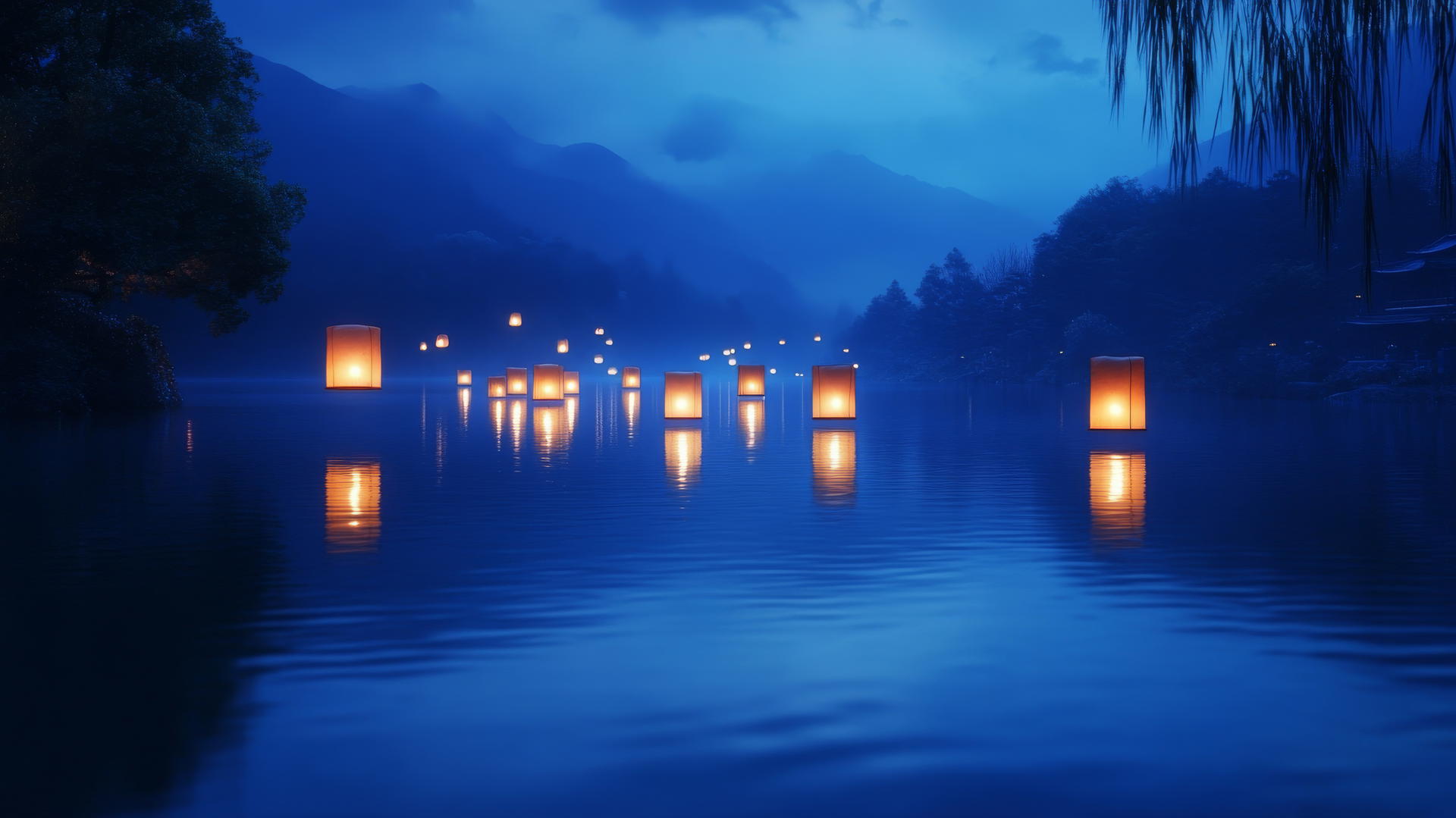 aesthetic blue wallpaper with floating blue lanterns on a dark lake