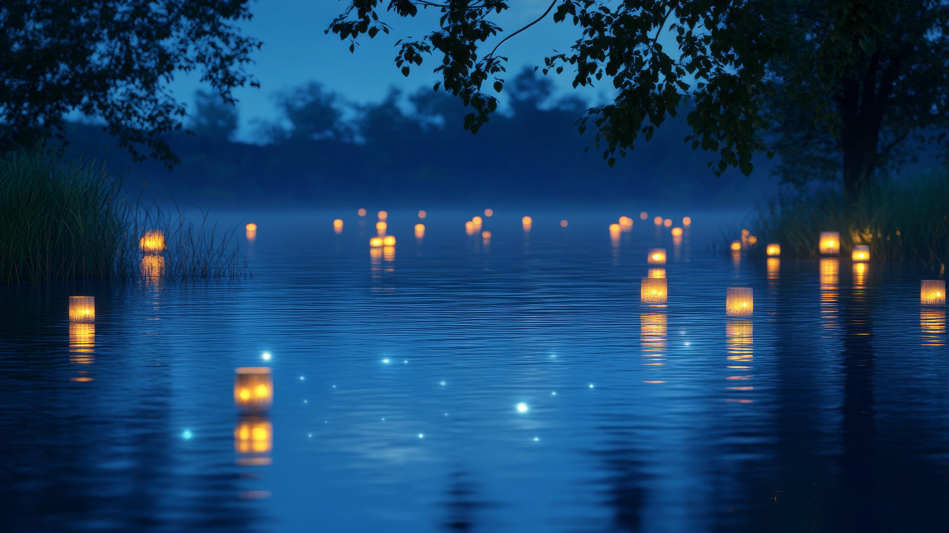 aesthetic blue wallpaper with floating lanterns on a twilight lake