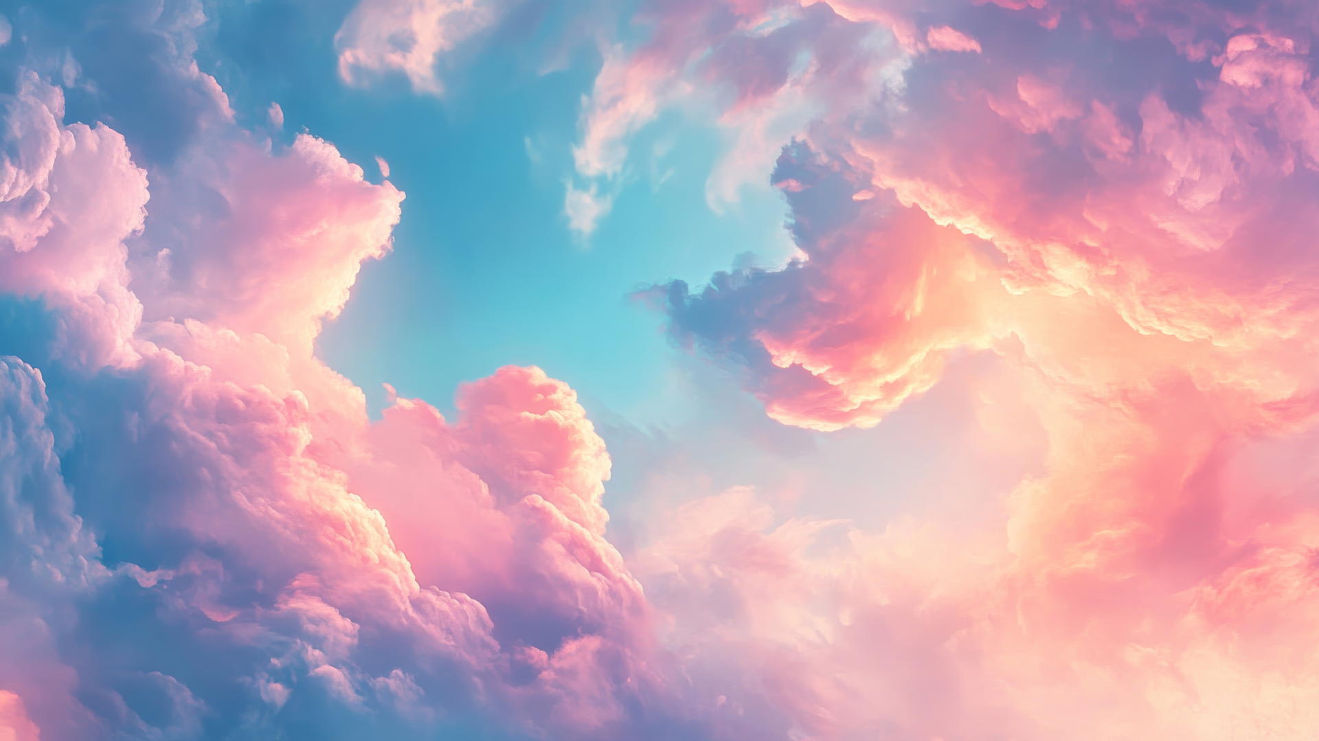 a dreamy cotton candy sky with swirling pink and blue clouds blending together at sunset, creating a soft, ethereal atmosphere, pink and blue wallpaper