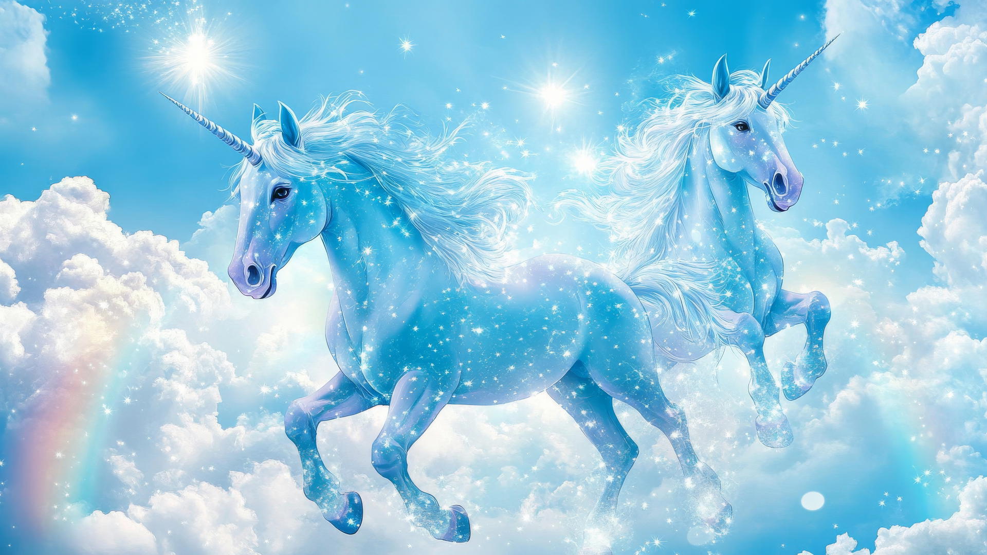 cute blue wallpaper with dreamy unicorns, sparkling manes, stars, fluffy clouds, and rainbows