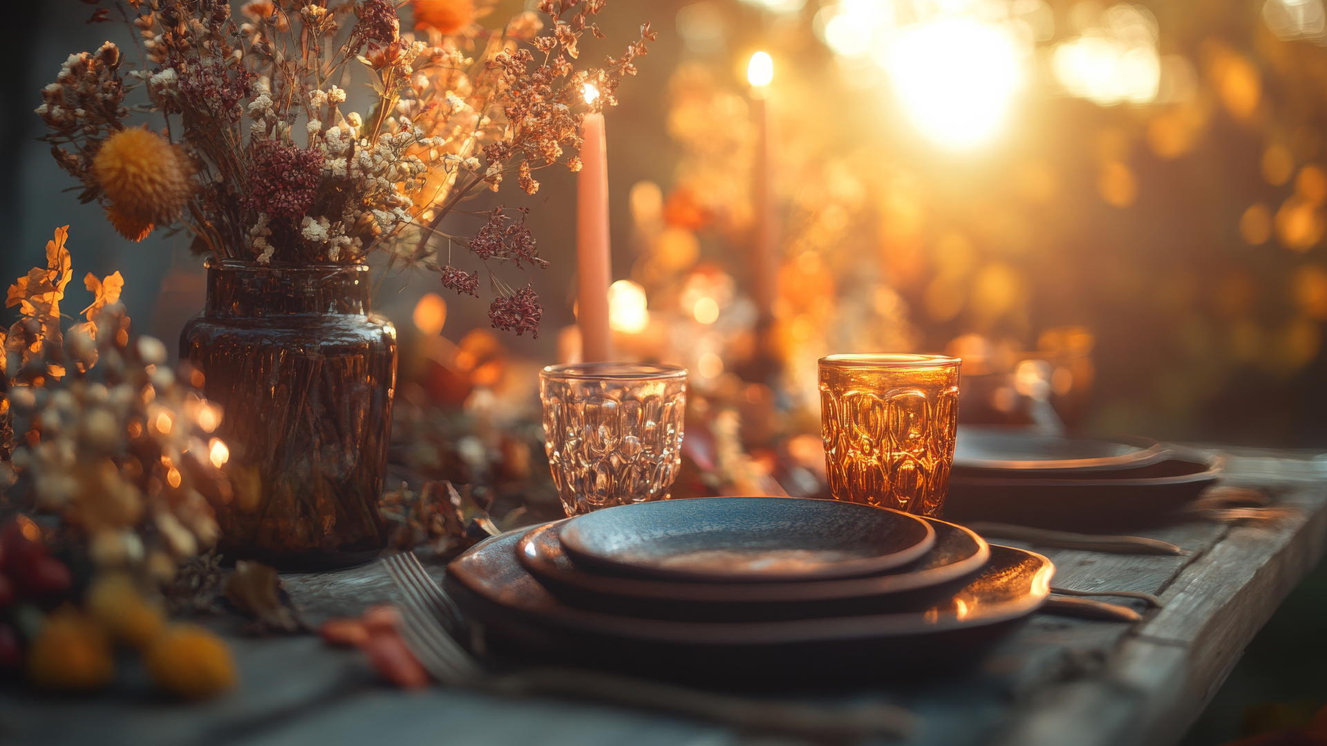 thanksgiving wallpaper aesthetic with rustic table, ceramic plates, dried flowers, and amber candles