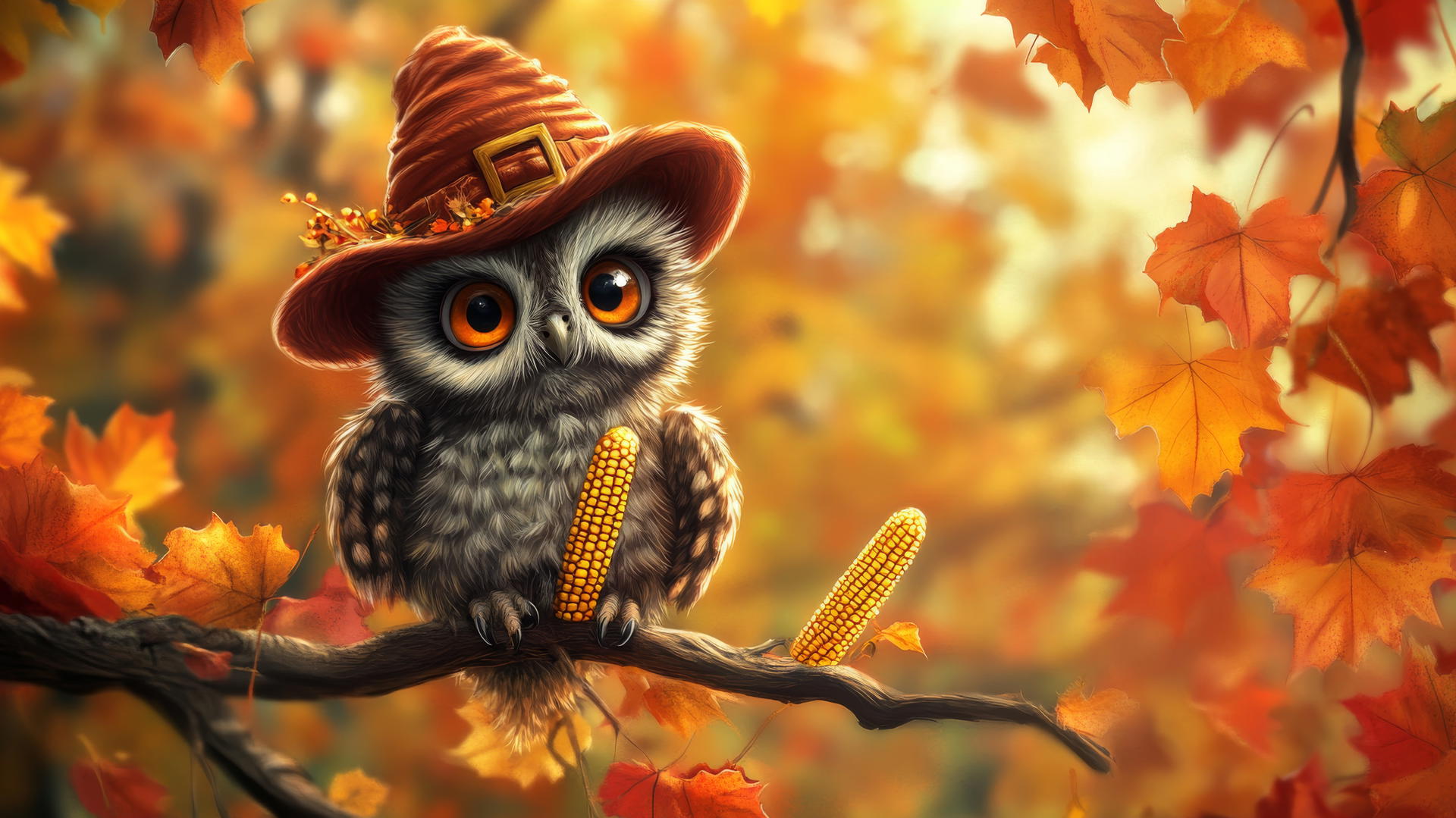 Wallpaper cute Thanksgiving backgrounds: baby owl in pilgrim hat on branch with autumn leaves