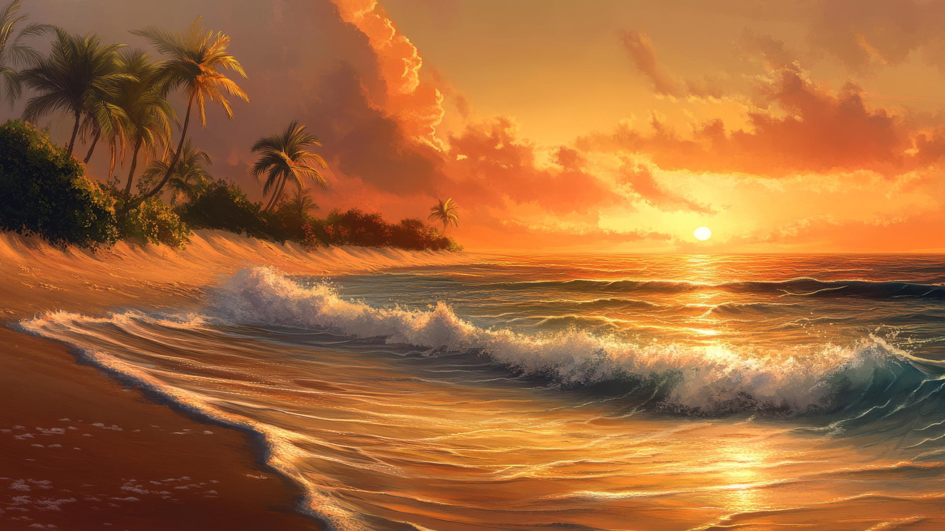 Serene beach scene with soft waves, sunset, palm trees, summer wallpaper