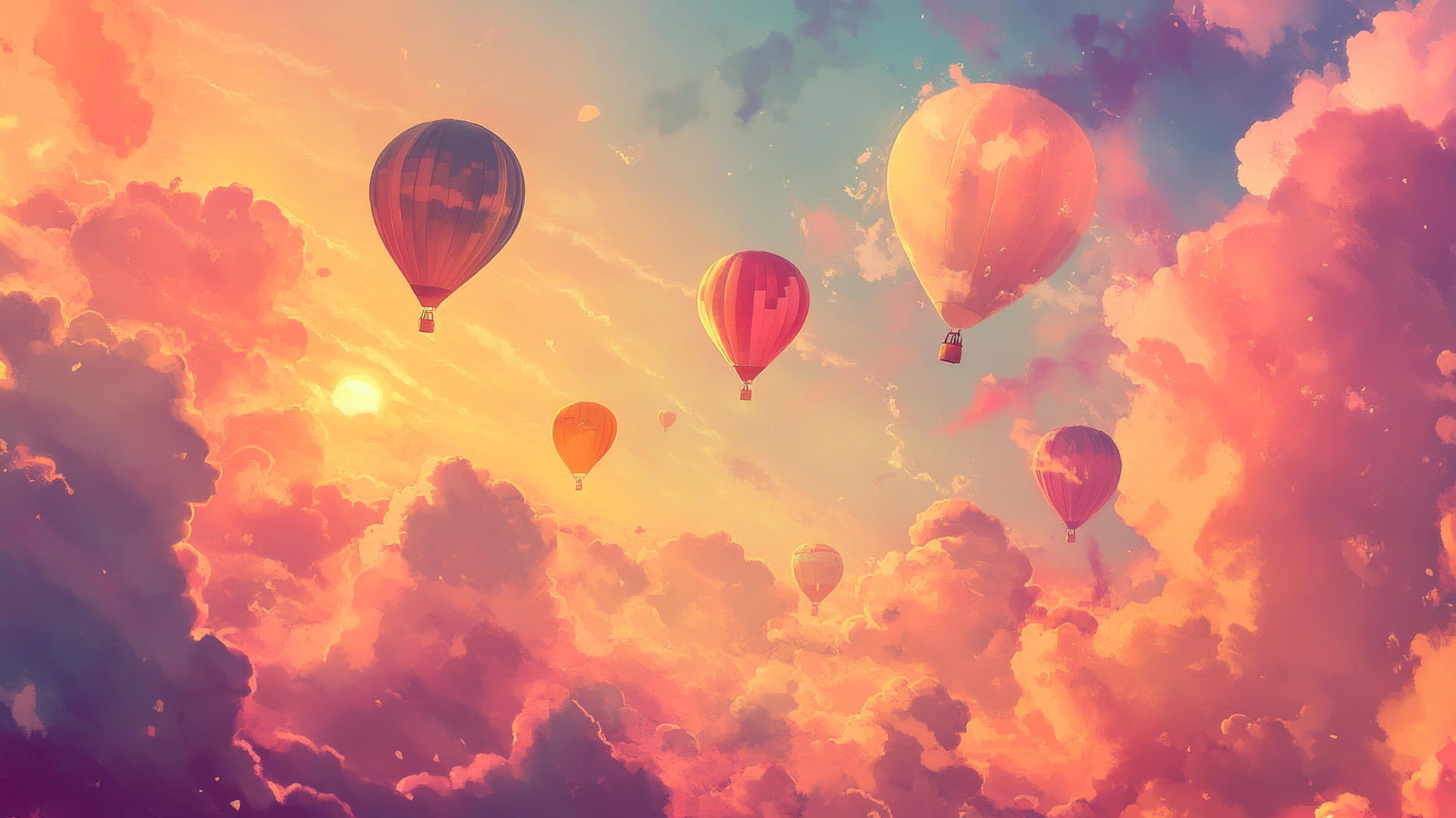 summer aesthetic wallpaper with hot air balloons in dreamy sky