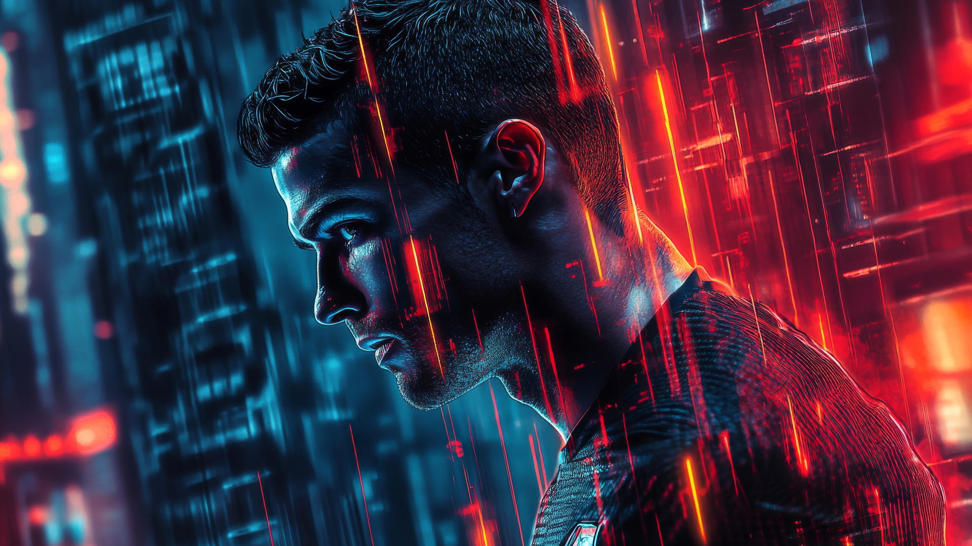 cristiano ronaldo wallpaper 4k in a futuristic cyberpunk setting with neon cityscape
