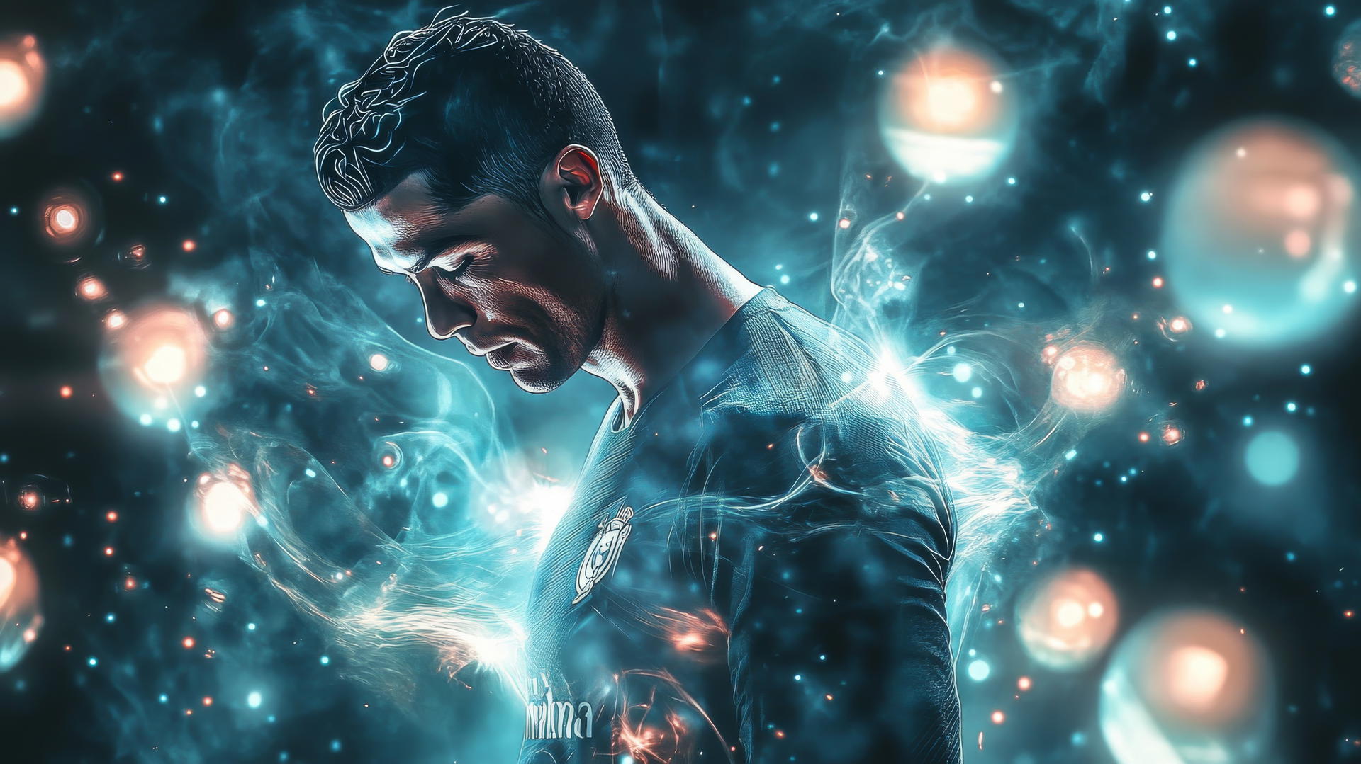 Cristiano Ronaldo 4k wallpaper in meditative pose with glowing orbs