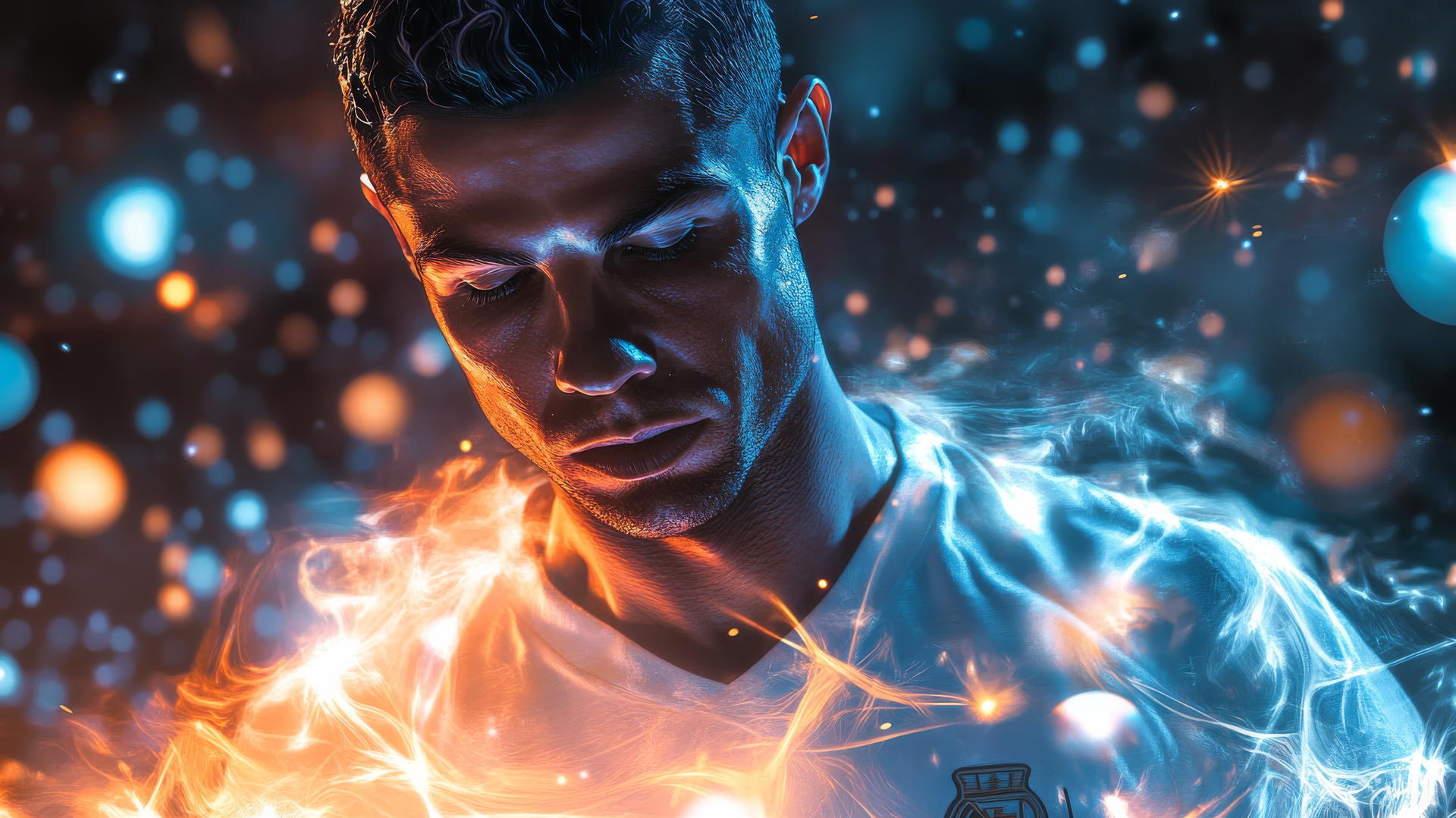 Cristiano Ronaldo in meditative pose with tranquil waves and glowing orbs, 4K