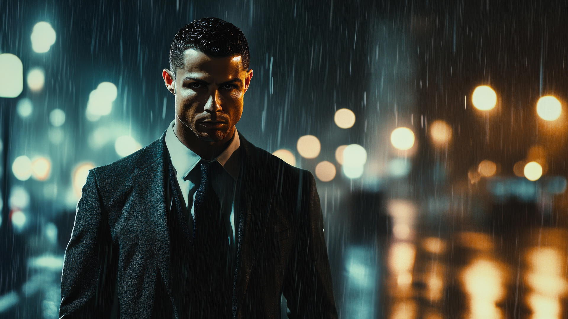 Cristiano Ronaldo with dark city skyline in 4K