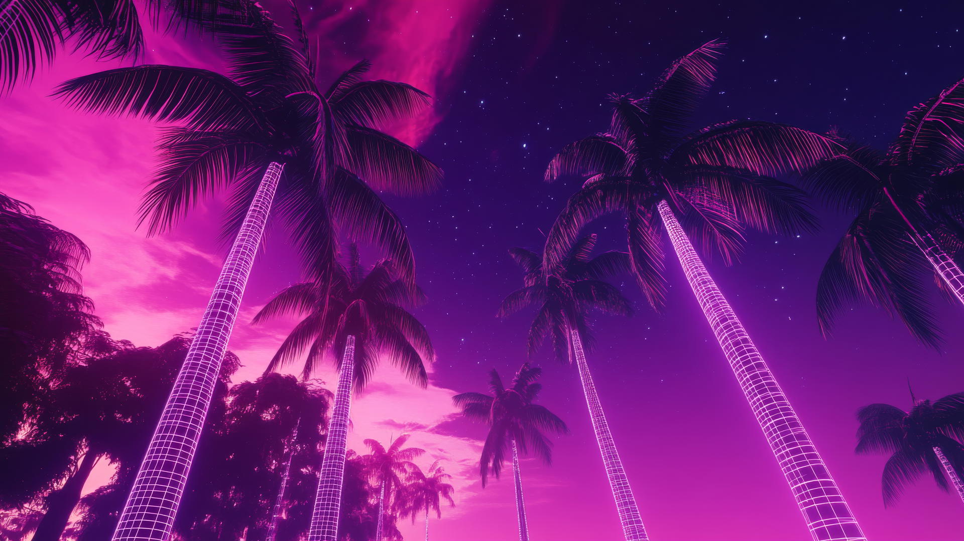purple aesthetic wallpaper 4k with neon purple skies, palm trees, and digital grid lines