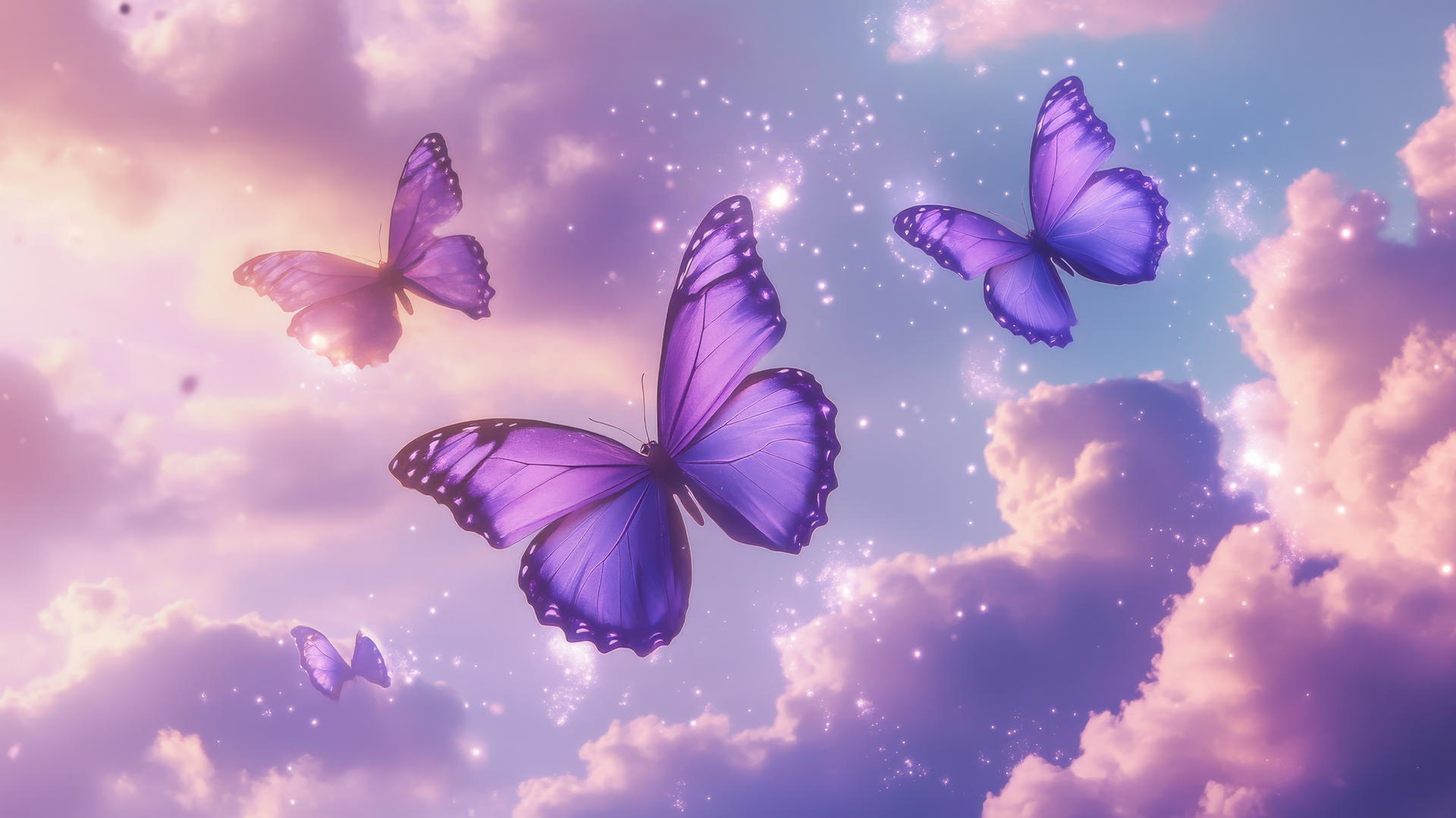 aesthetic purple wallpaper with butterflies and pastel clouds