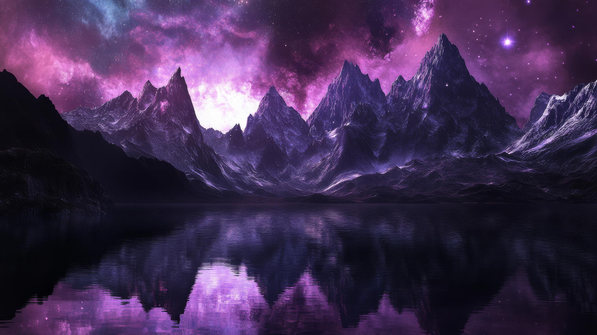wallpaper purple 4k with fantasy landscape of purple mountains, glowing stars, serene lake