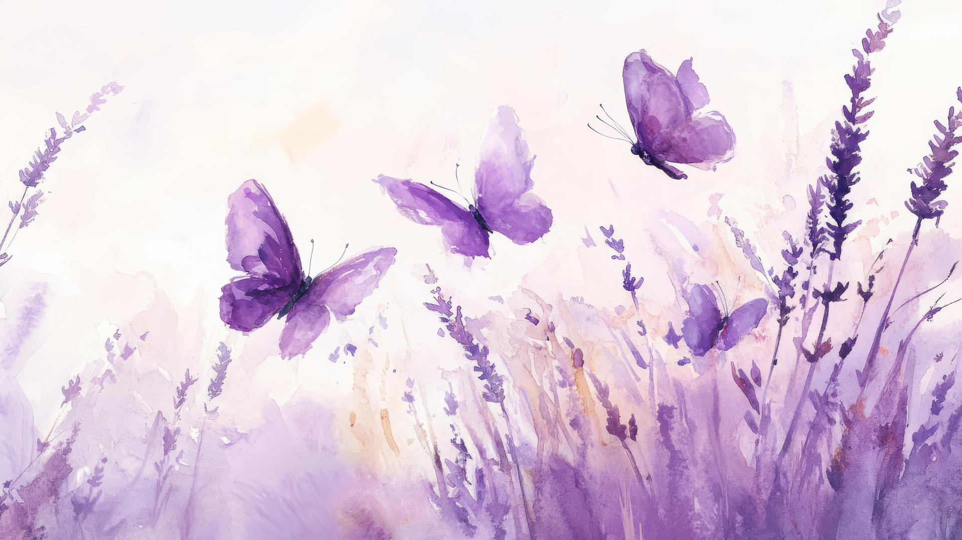 Soft watercolor purple butterfly wallpaper with lavender field