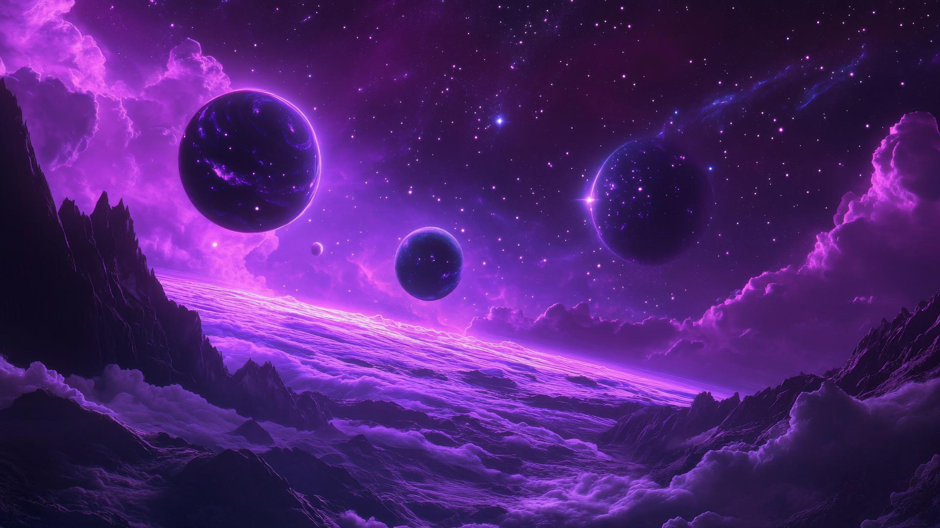 Purple wallpaper aesthetic with dreamy galaxy, nebulae, stars, and planets.