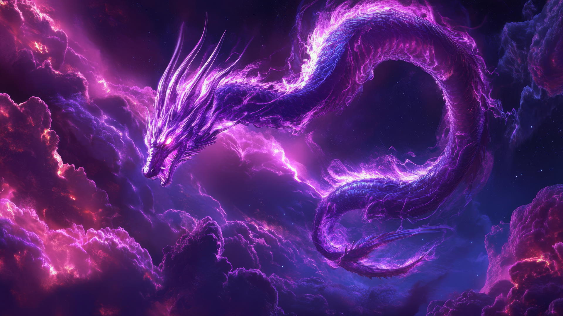 Neon purple aesthetic wallpaper with a neon-lit dragon in the night sky