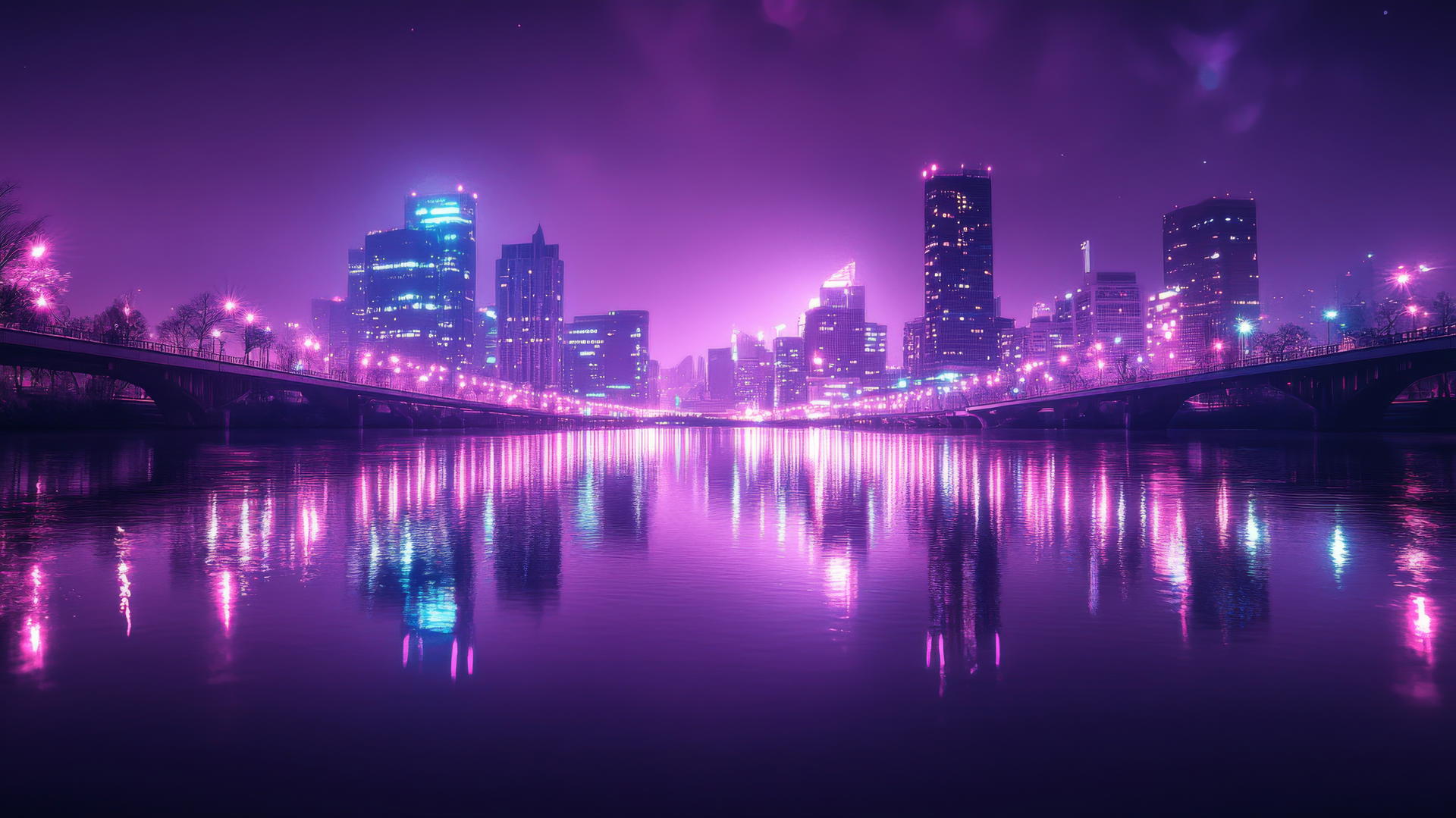 Neon purple aesthetic wallpaper with a city skyline reflected in a calm river, shimmering lights and glowing bridges.