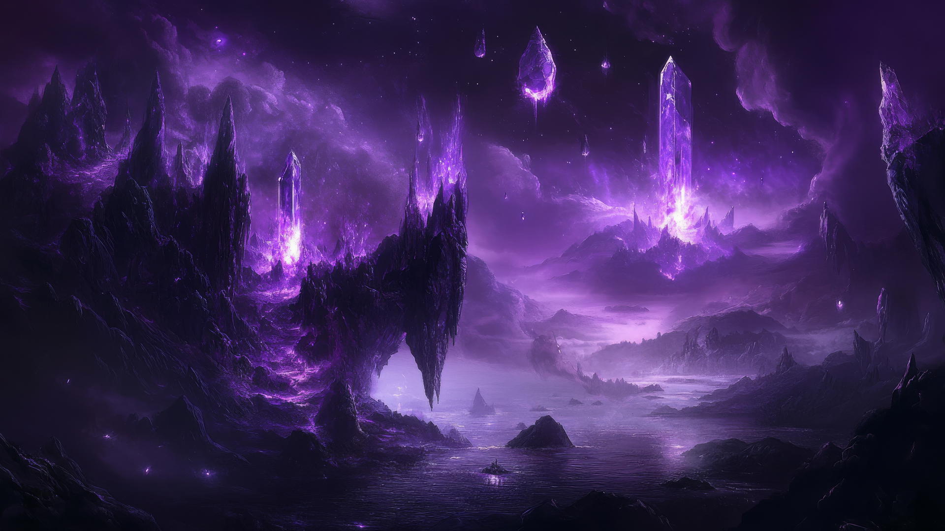 A surreal dark purple wallpaper with floating islands, glowing crystals, and swirling mist.