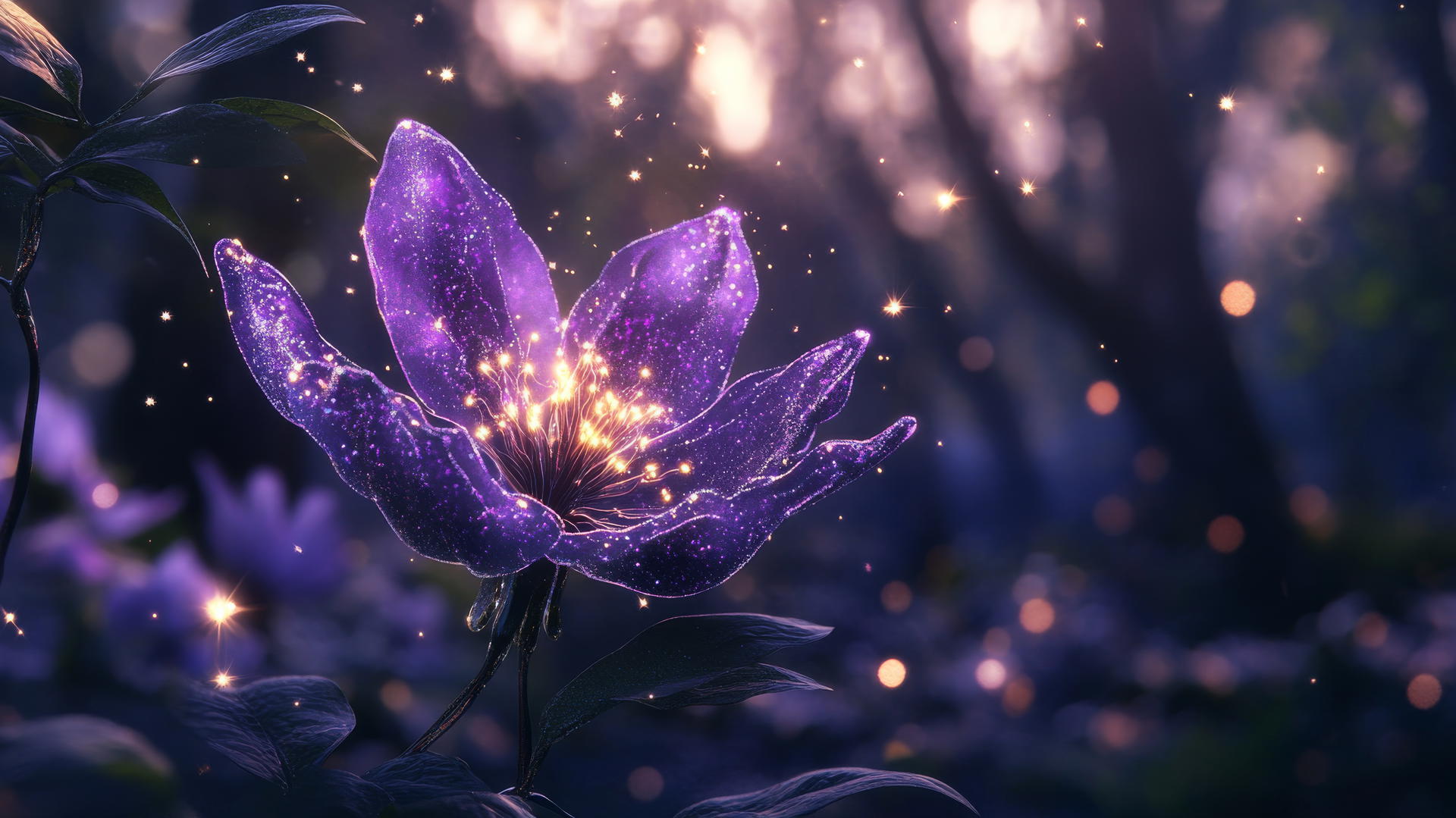 Purple flower wallpaper with glowing petals and fairy lights in dark forest