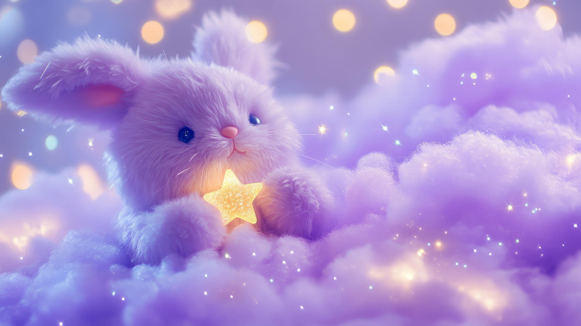 cute purple wallpaper with a kawaii bunny holding a tiny star on a lavender cloud