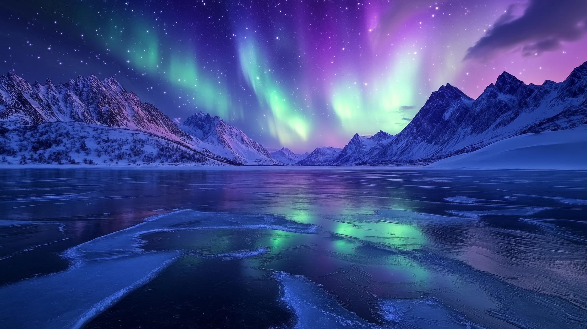 beautiful winter wallpaper of a frozen lake with snow-capped mountains and aurora borealis