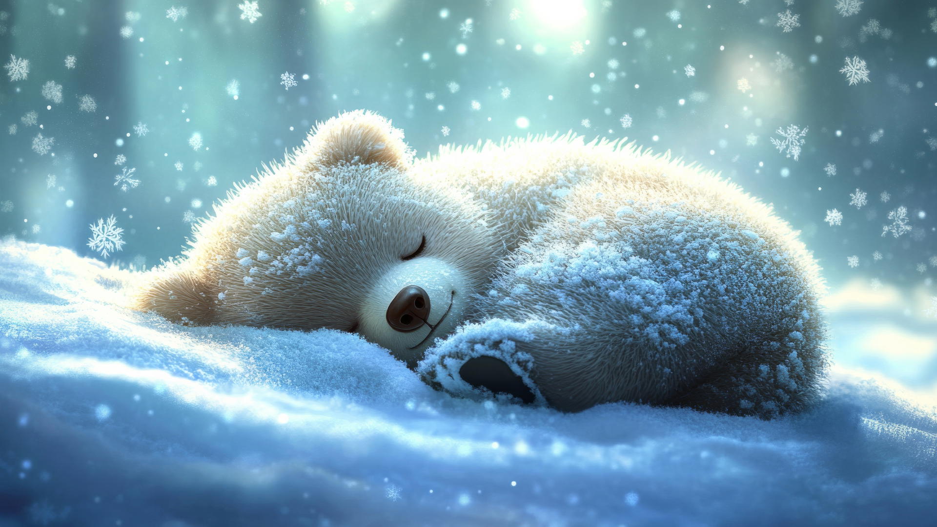 cute winter wallpaper with a sleepy bear curled up in the snow