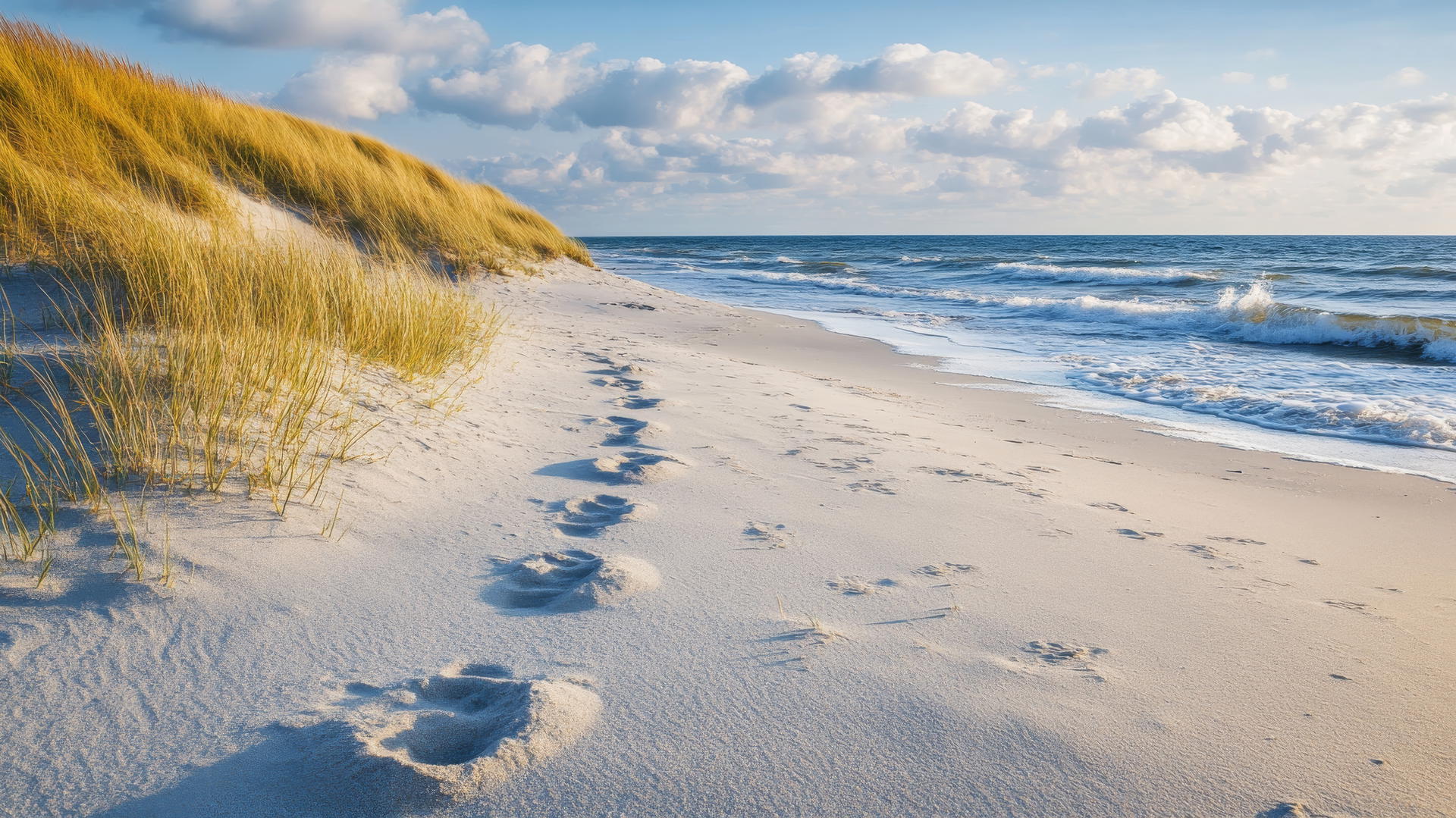 beach themed wallpaper with gentle waves, footprints, and dune grass