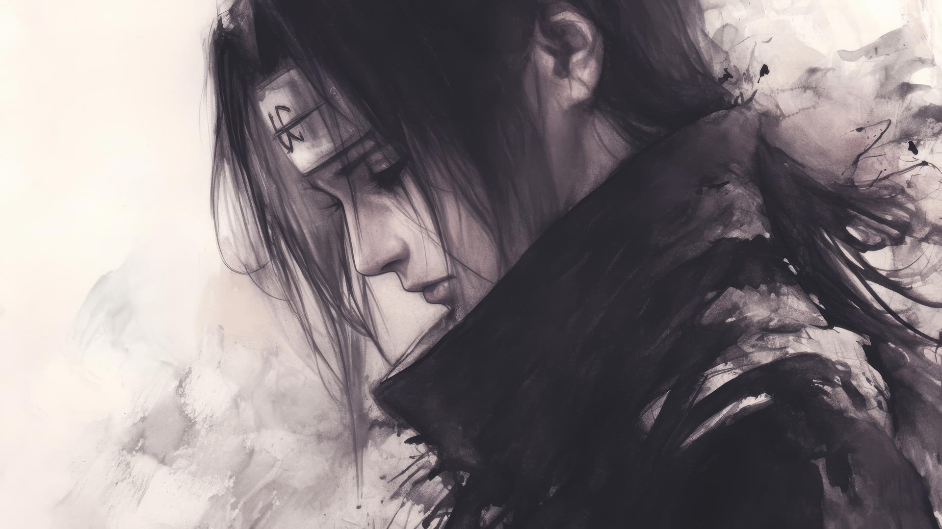 charcoal Itachi Uchiha drawing with soft shading and smudging