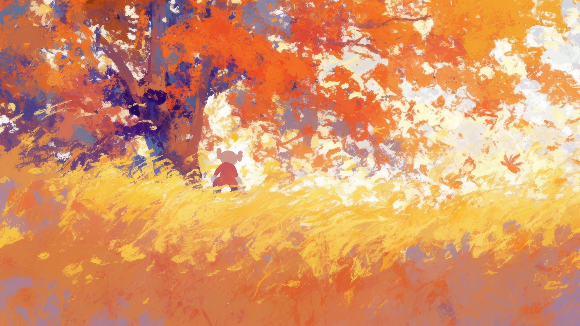 Kaws artwork featuring the Companion character in an autumn landscape with falling leaves
