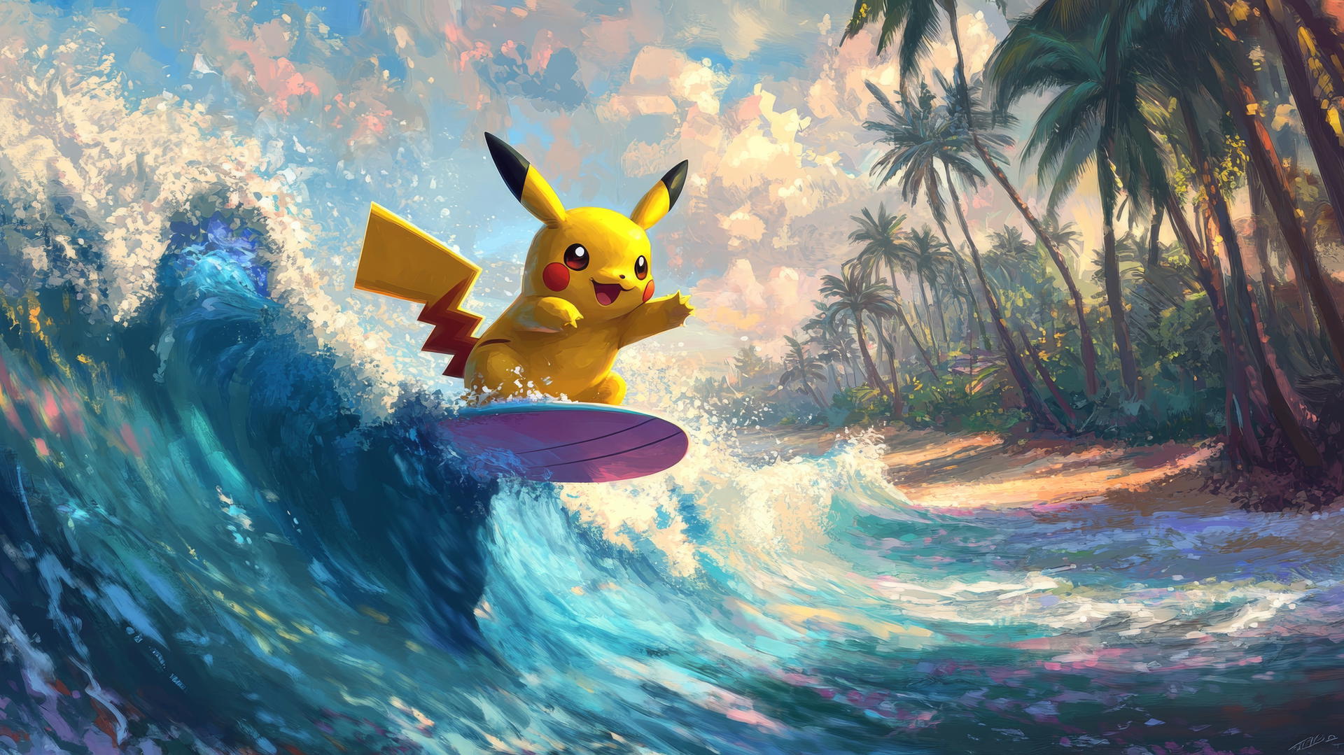 Pikachu surfing in a tropical paradise with palm trees and coral reef