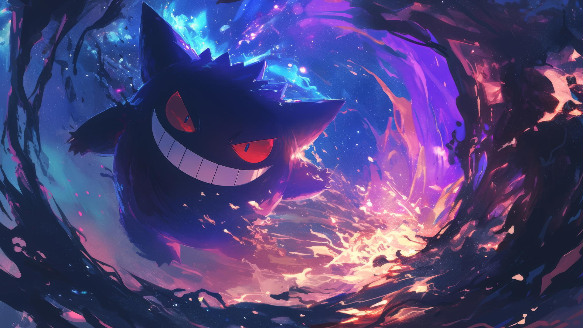 gengar pokemon flying through space with swirling galaxy of stars