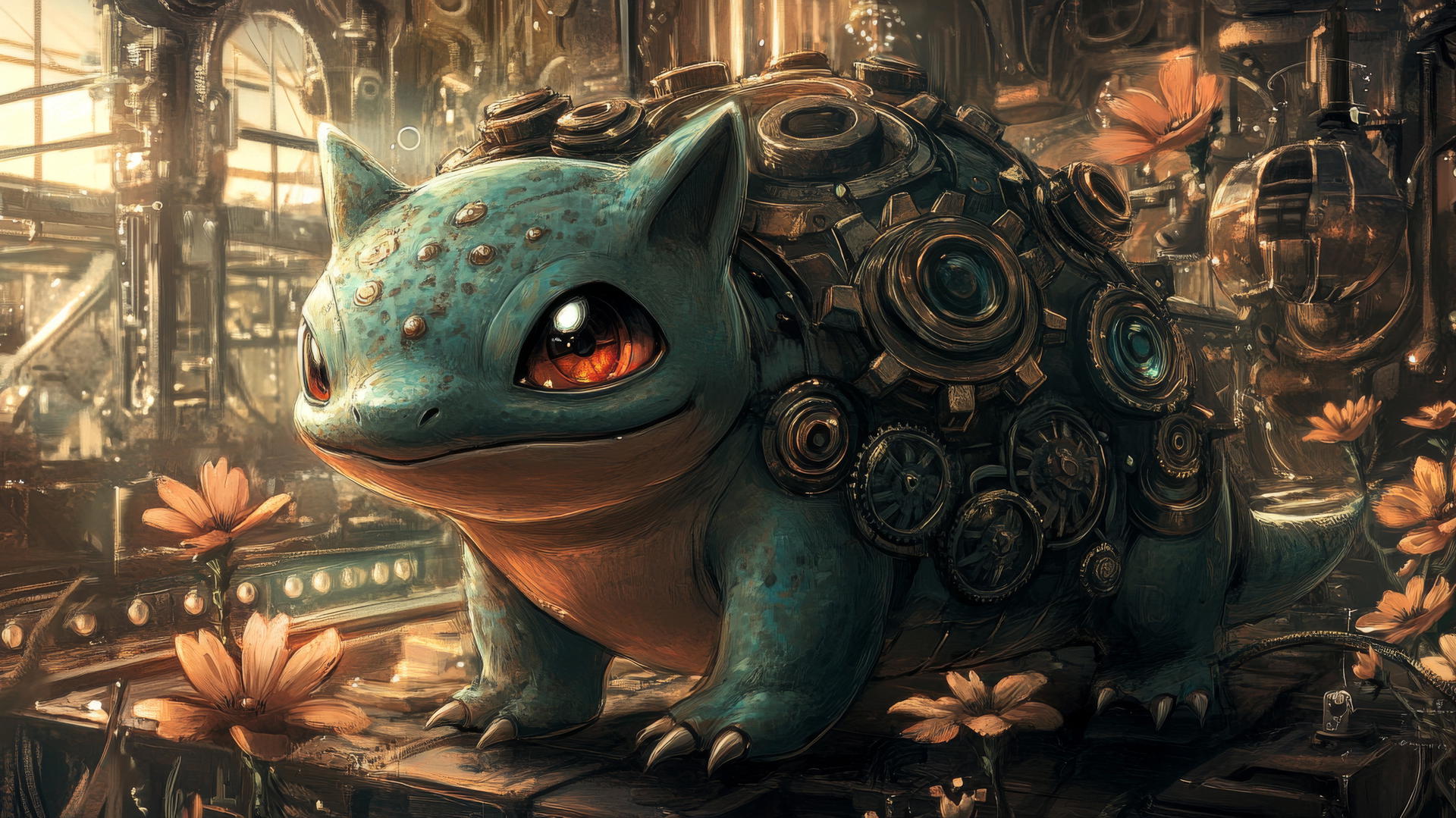 pokemon Bulbasaur in a steampunk world with bronze gears and mechanical flowers