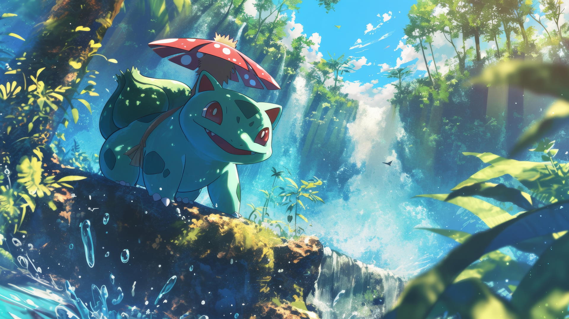 Pokemon Bulbasaur playing in a lush jungle waterfall