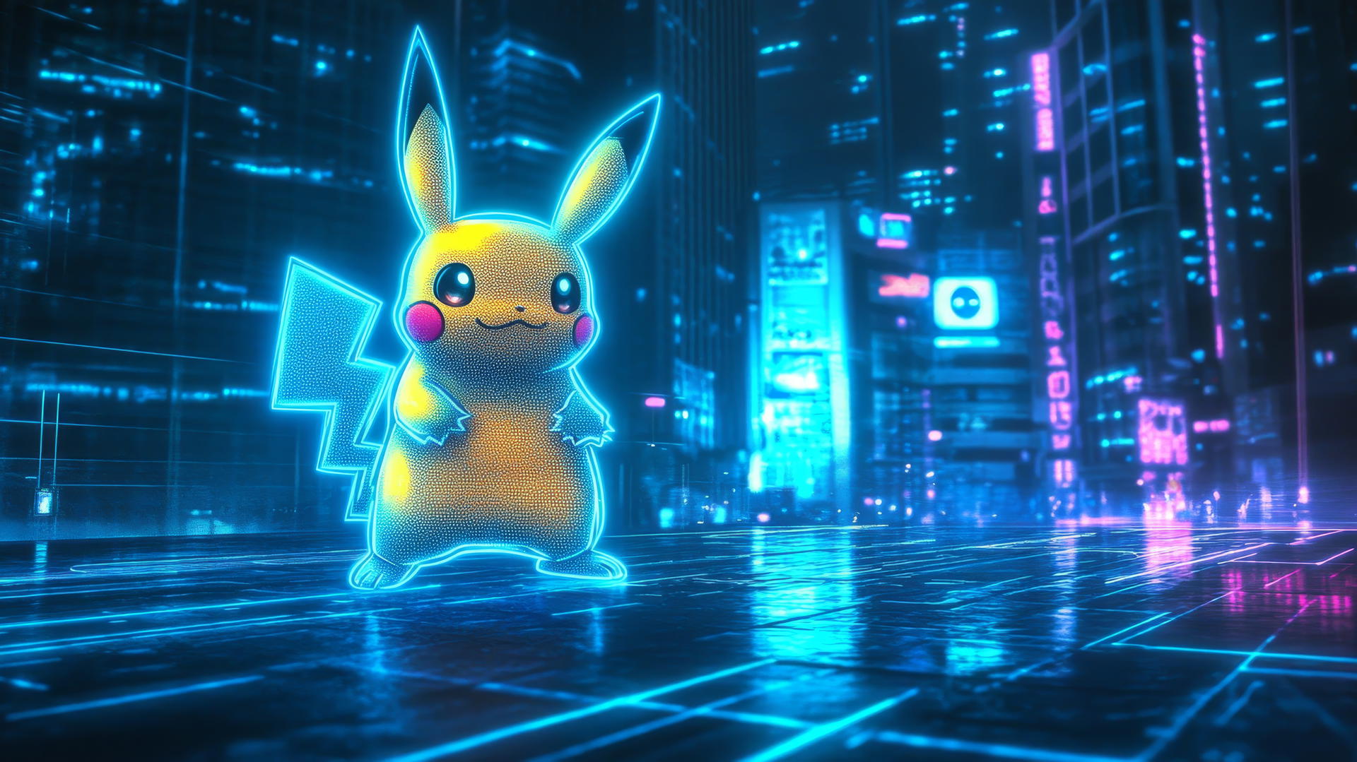Minimalist Pikachu in neon city with electric blue lines