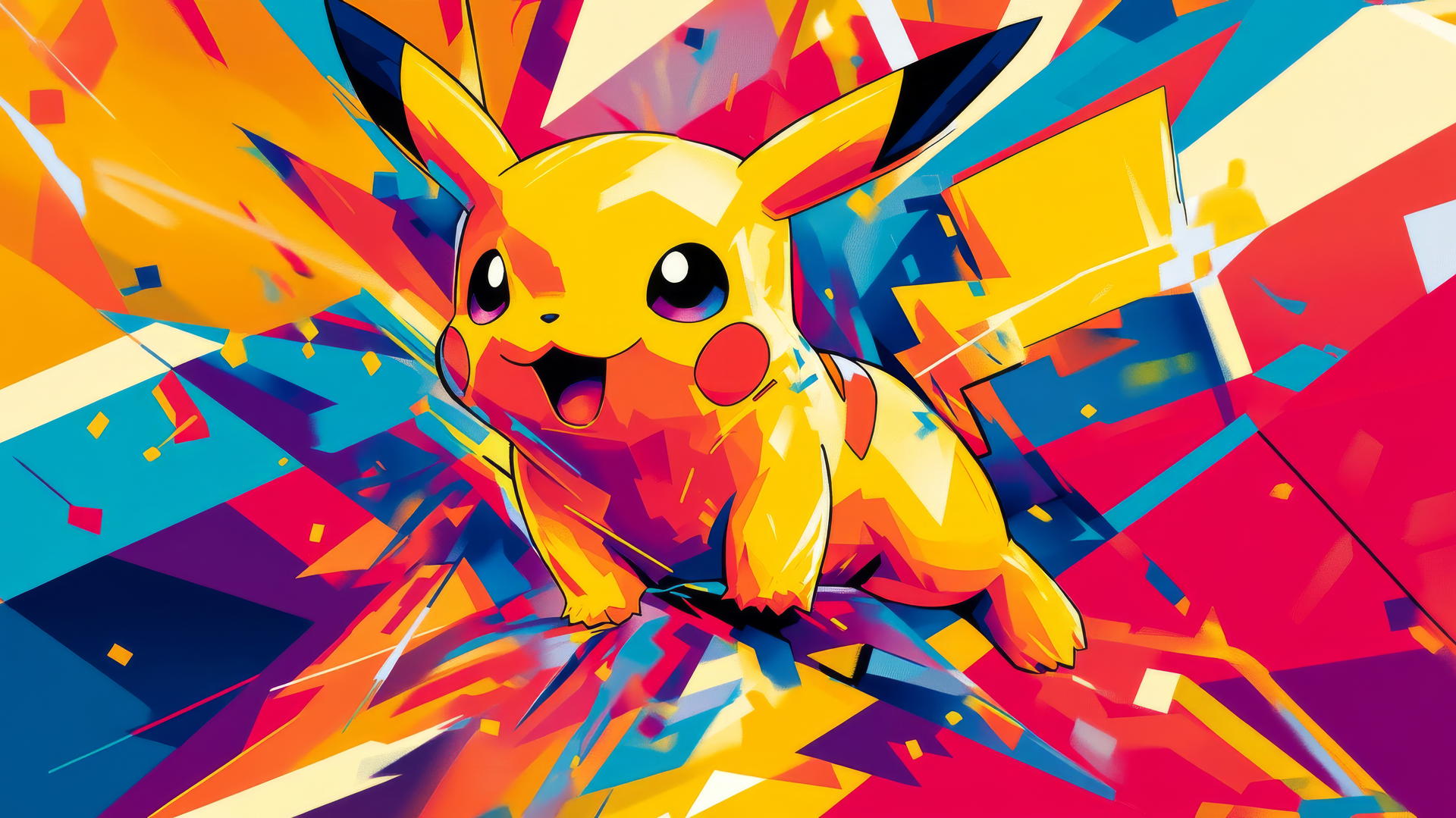 Abstract art of Pikachu in geometric shapes with bright primary colors