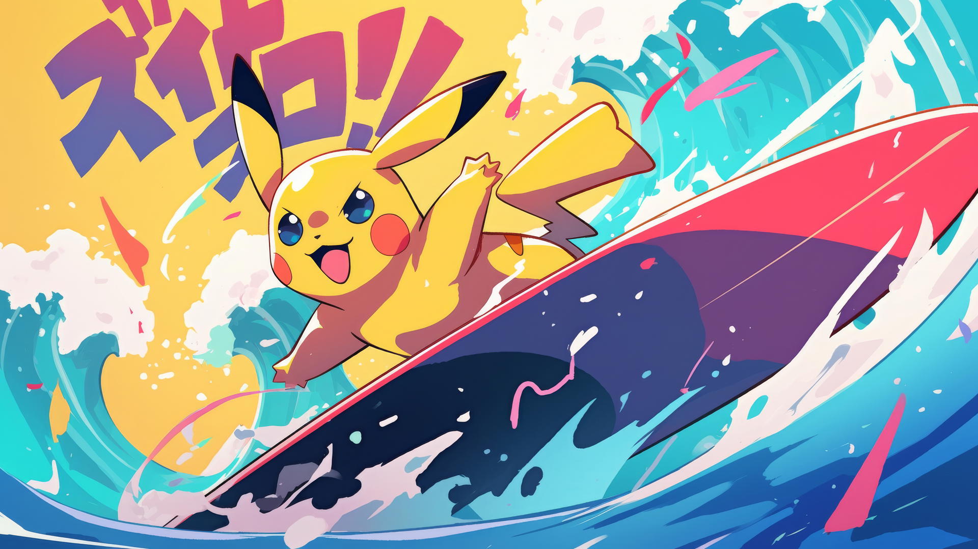 Surfing Pikachu in a comic strip panel with exaggerated action lines and bold colors.
