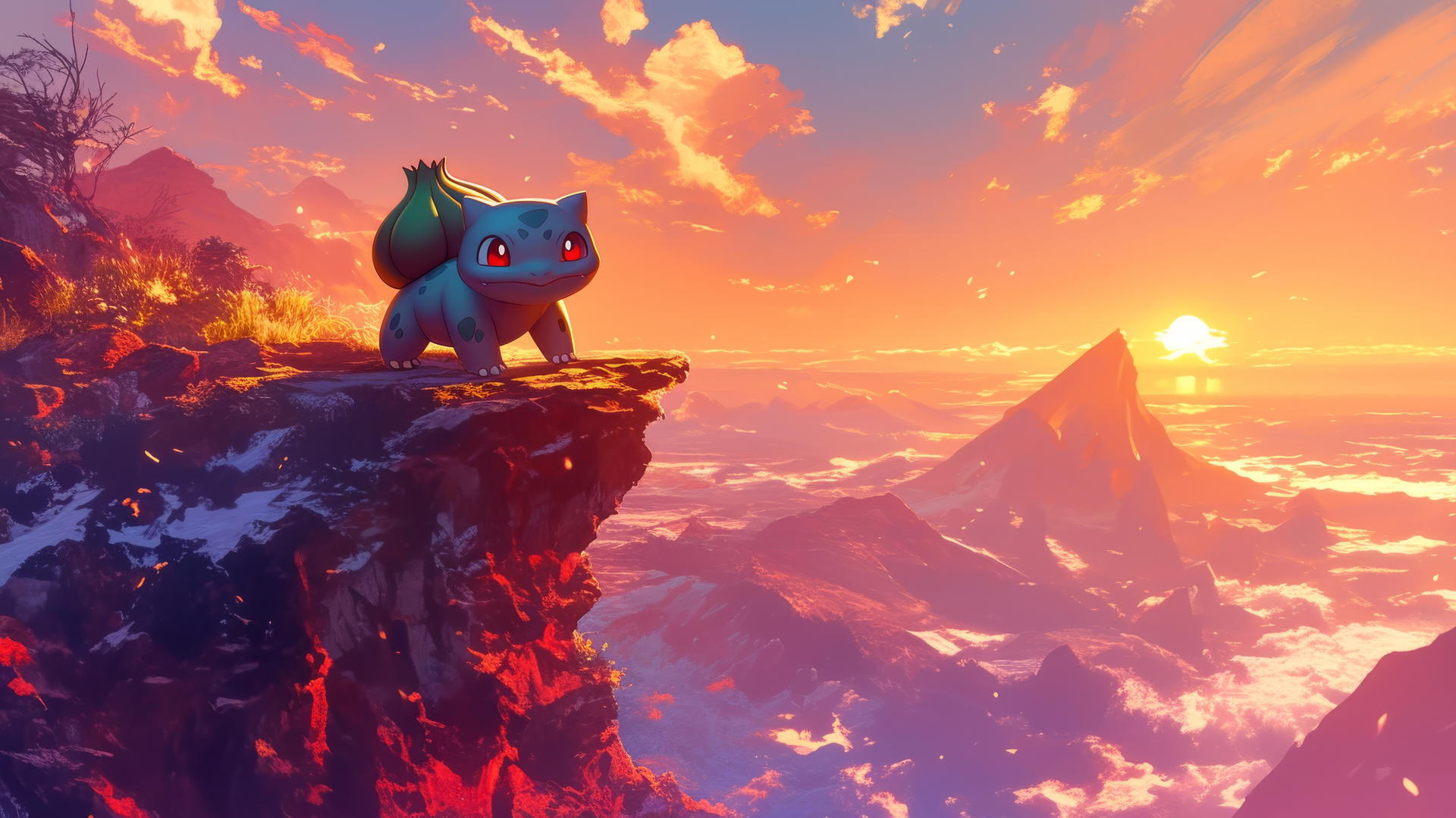 Pokemon Bulbasaur standing on a cliff at sunset overlooking the ocean