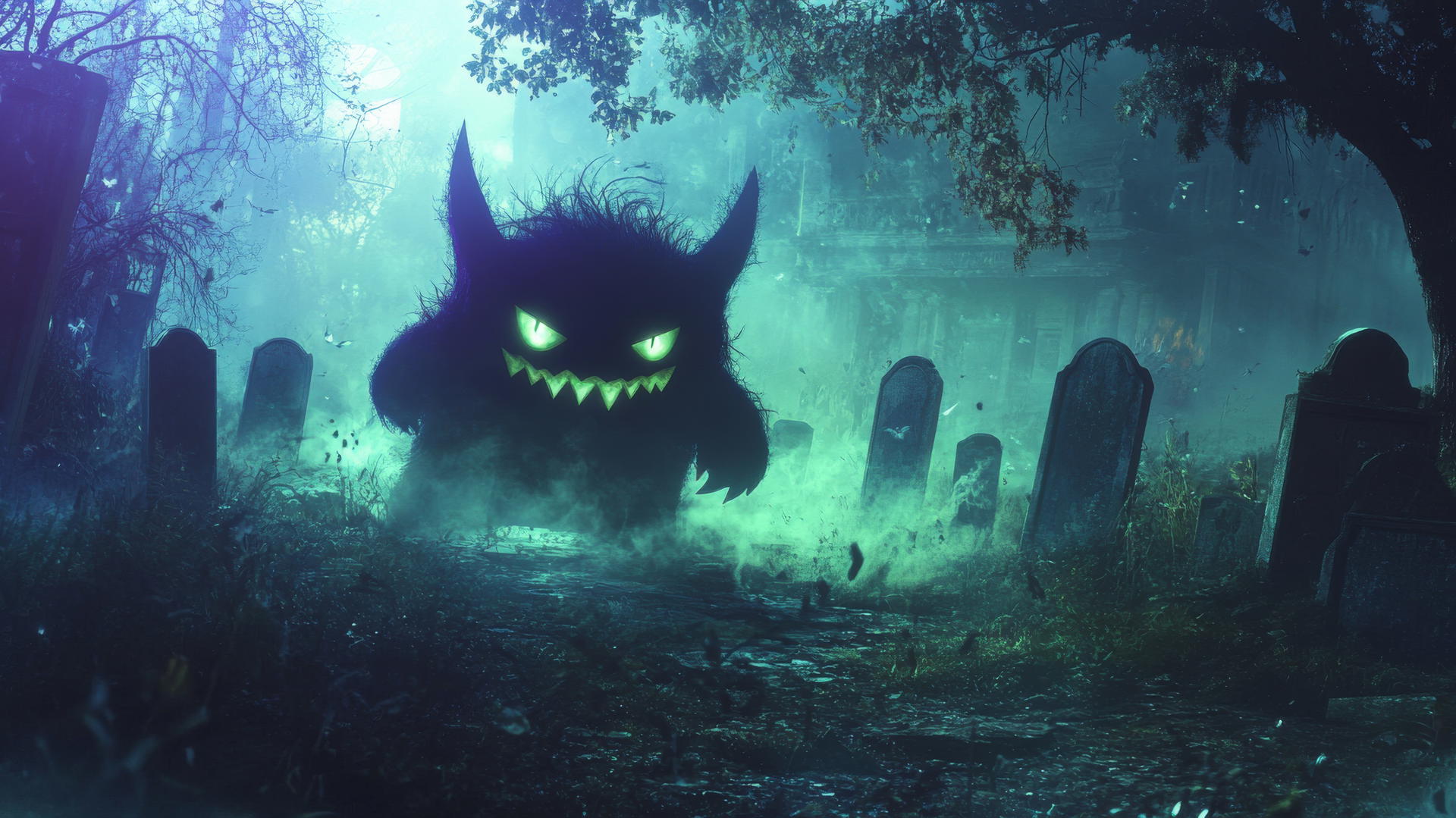 Gengar Pokemon appears through foggy graveyard with eerie green glow