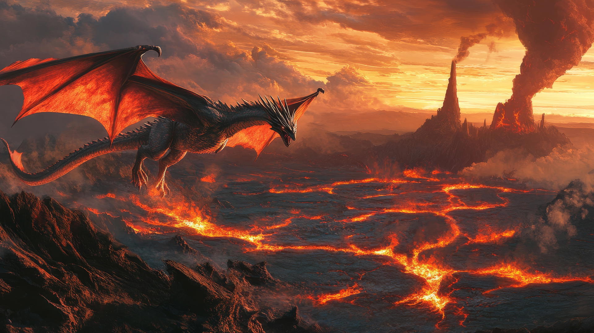 A powerful dragon soaring above a volcanic landscape with lava rivers flowing beneath, capturing a sense of adventure and danger; cool wallpapers for boys.