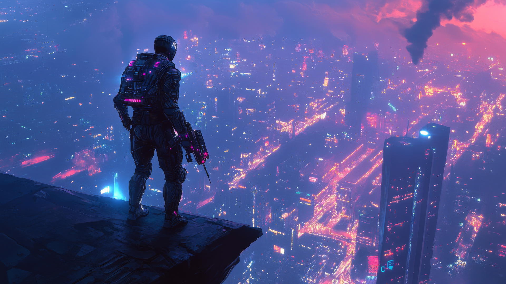 Futuristic soldier in full body armor with cybernetic enhancements overlooking neon-lit city. Cool wallpapers for boys