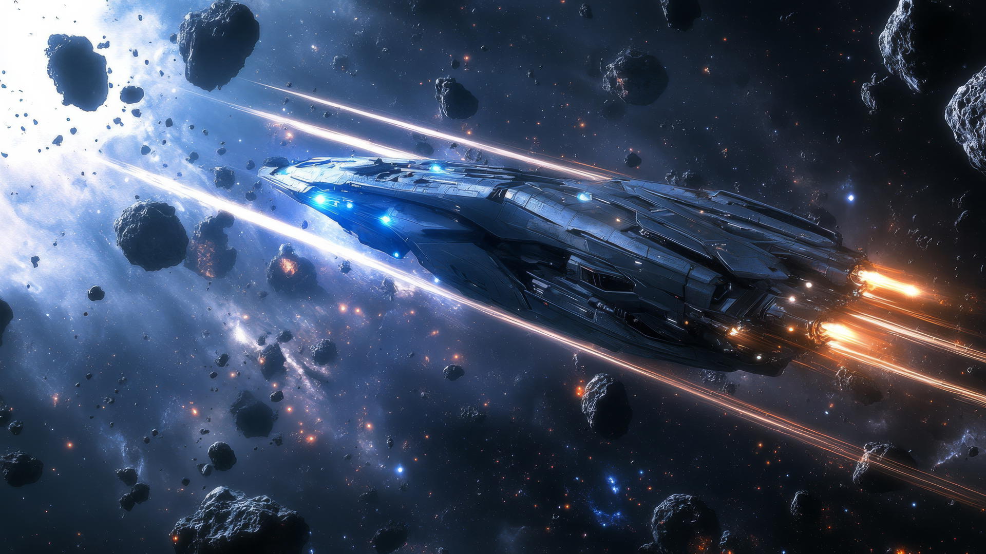 A sleek spaceship blasting through asteroids with glowing trails; cool wallpapers for boys