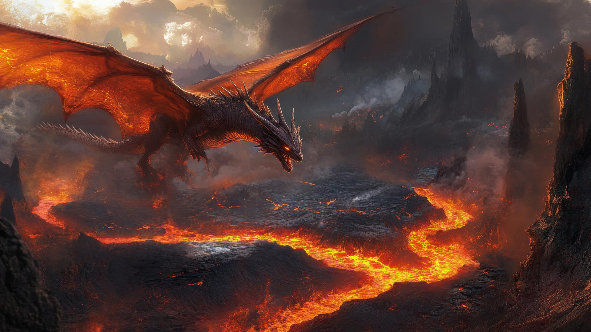 powerful dragon flying over volcanic landscape with lava rivers, cool wallpapers for boys