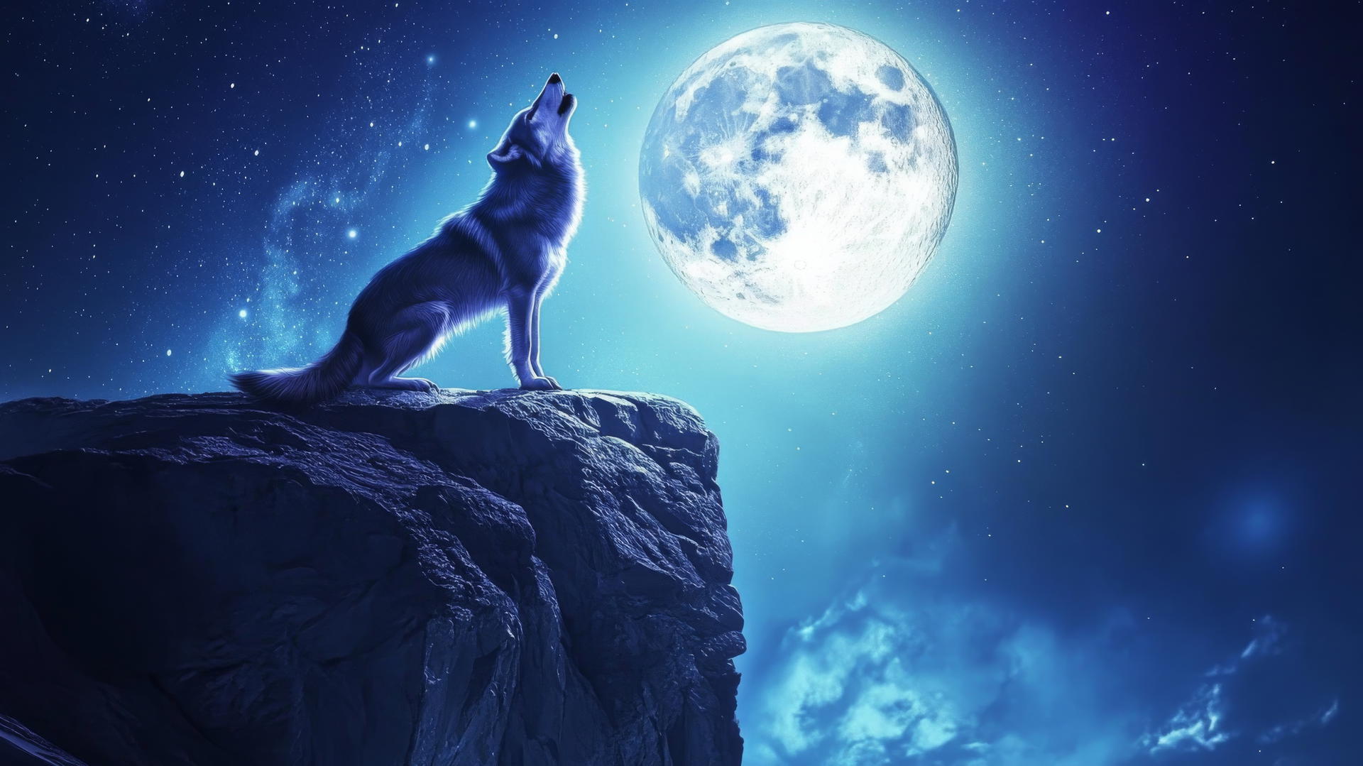 A powerful wolf howling at the full moon atop a rocky cliff, with dramatic lighting and a starry sky behind, cool wallpapers for boys.
