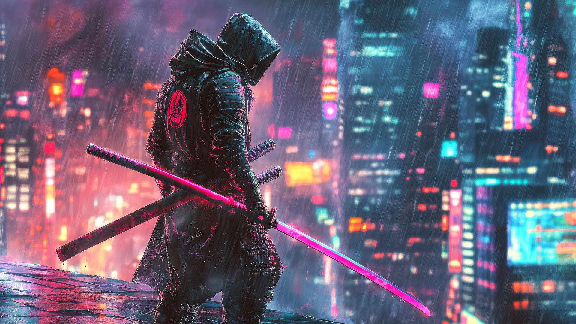 Futuristic samurai with glowing armor and neon sword on a high-tech city rooftop, cool wallpapers for boys