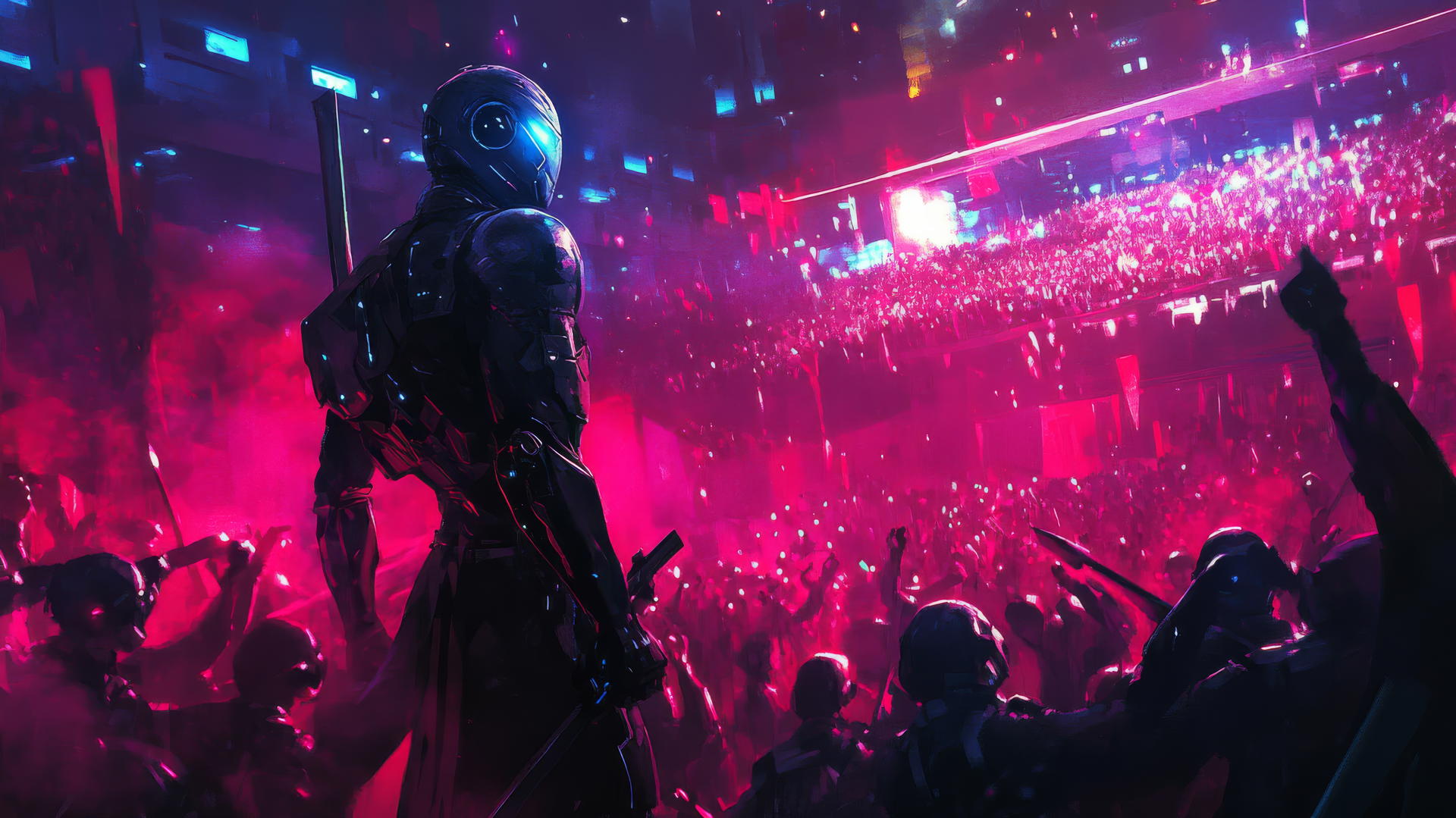 A futuristic gladiator in an arena with glowing weapons and robotic spectators, cool wallpapers for boys
