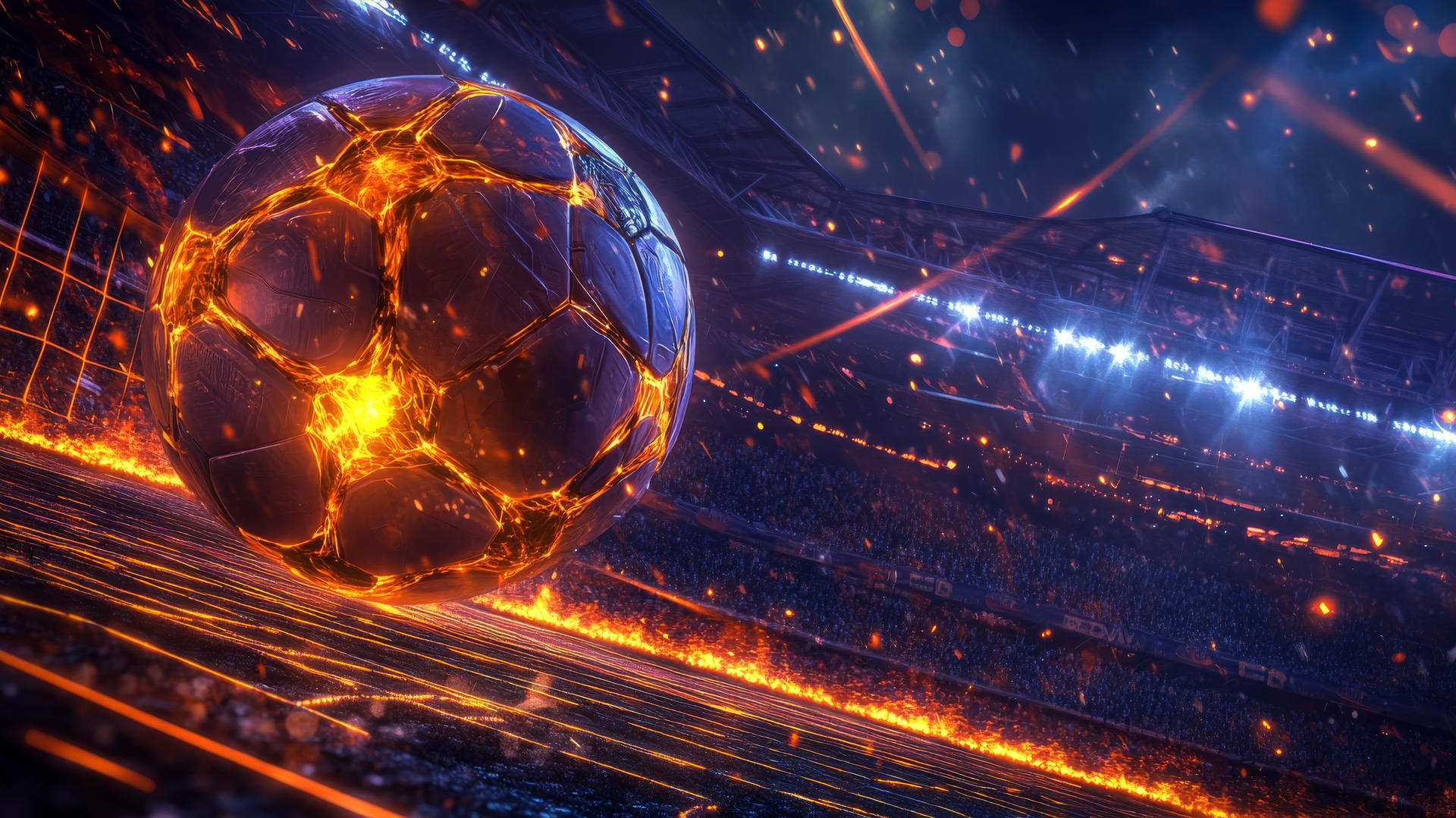 High-tech soccer ball glowing with energy flying toward goalpost, cool wallpapers for boys