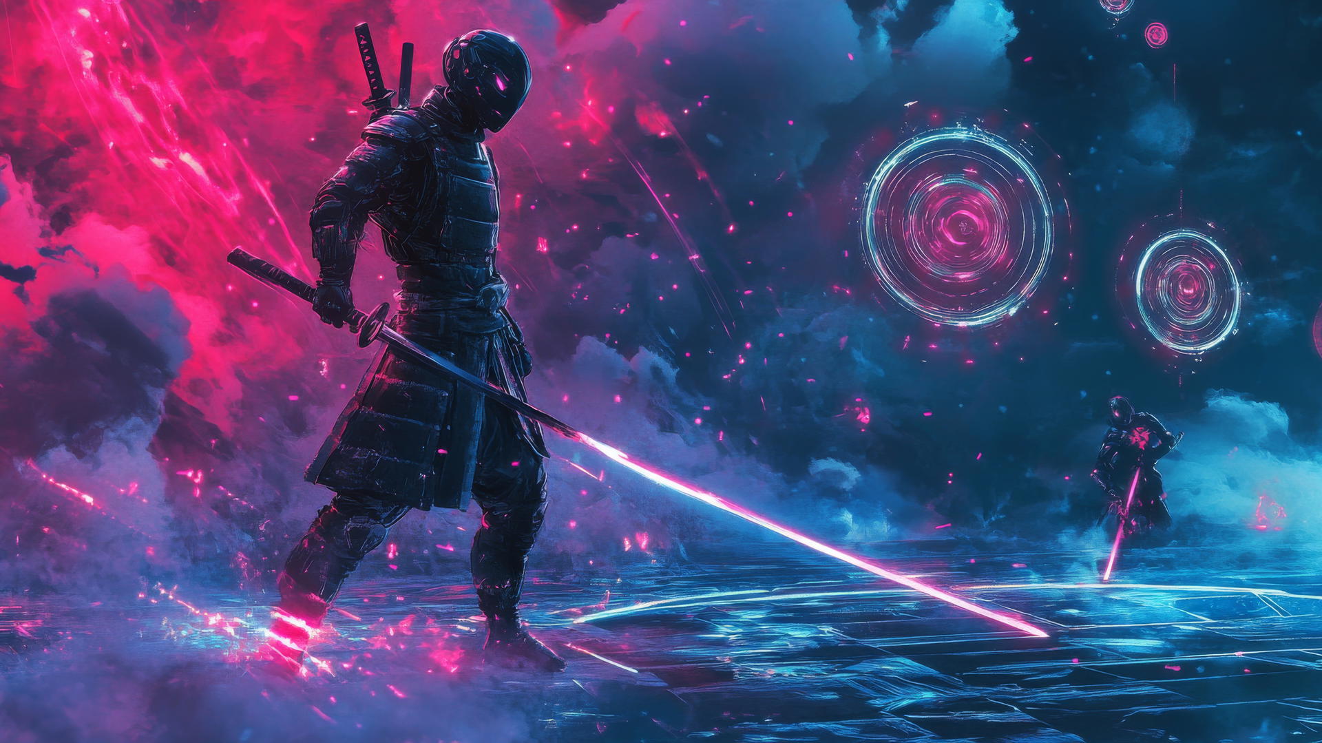 cool wallpapers for boys with futuristic samurai wielding plasma sword on digital battlefield