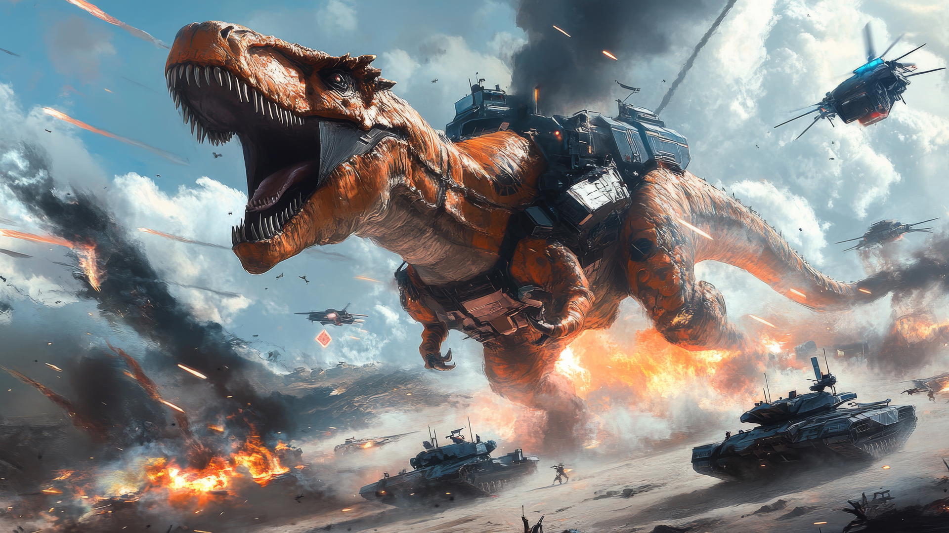 cool wallpapers for boys featuring a futuristic half-robotic dinosaur on a digital battlefield