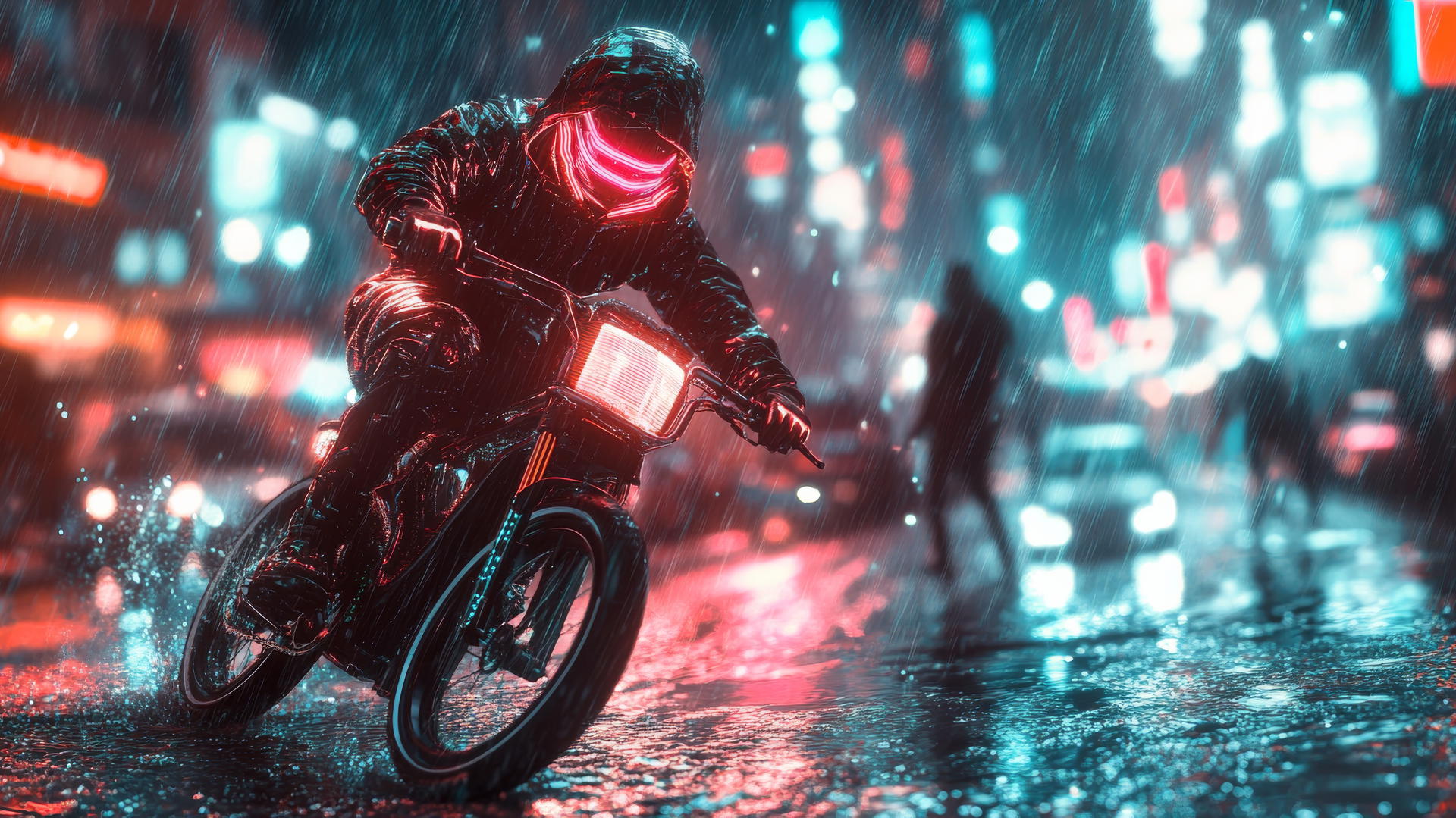 Cool wallpapers for boys: boy on futuristic bike in neon-lit cyberpunk rain