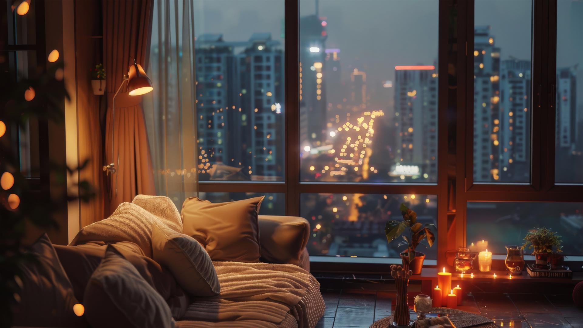 Cozy living room, dim lights, city view