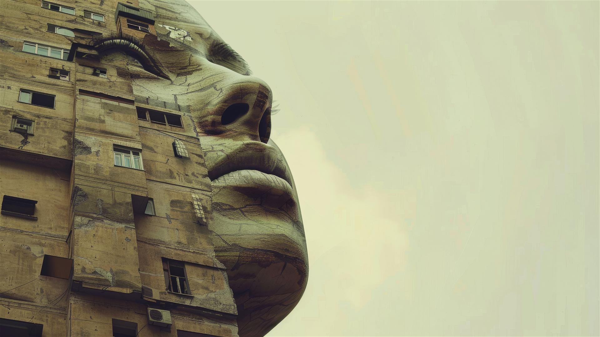 Vintage buildings forming an elegant human face.