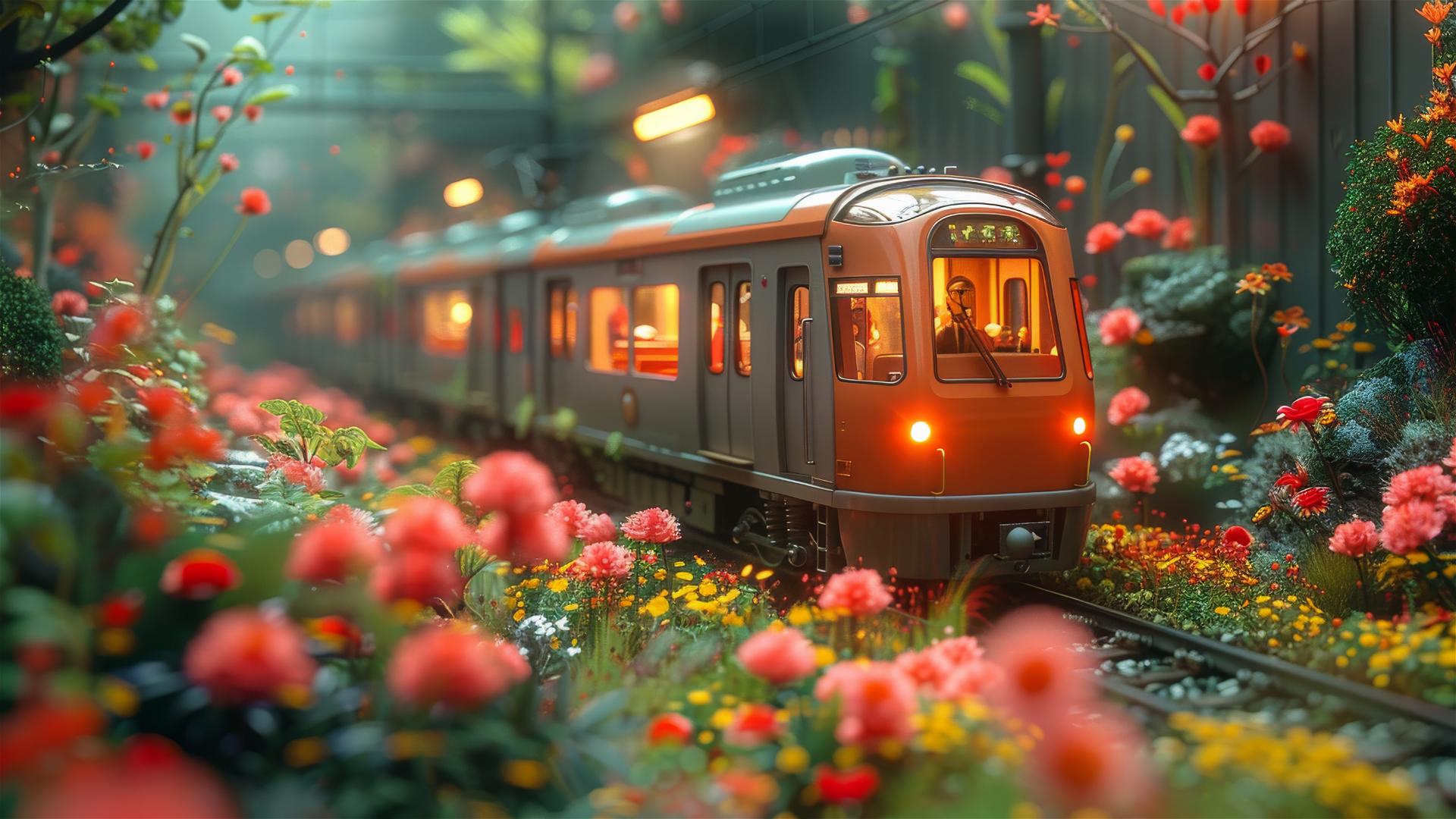 Cartoon metro among flowers on green grass in a Miyazaki-style coastal scene.